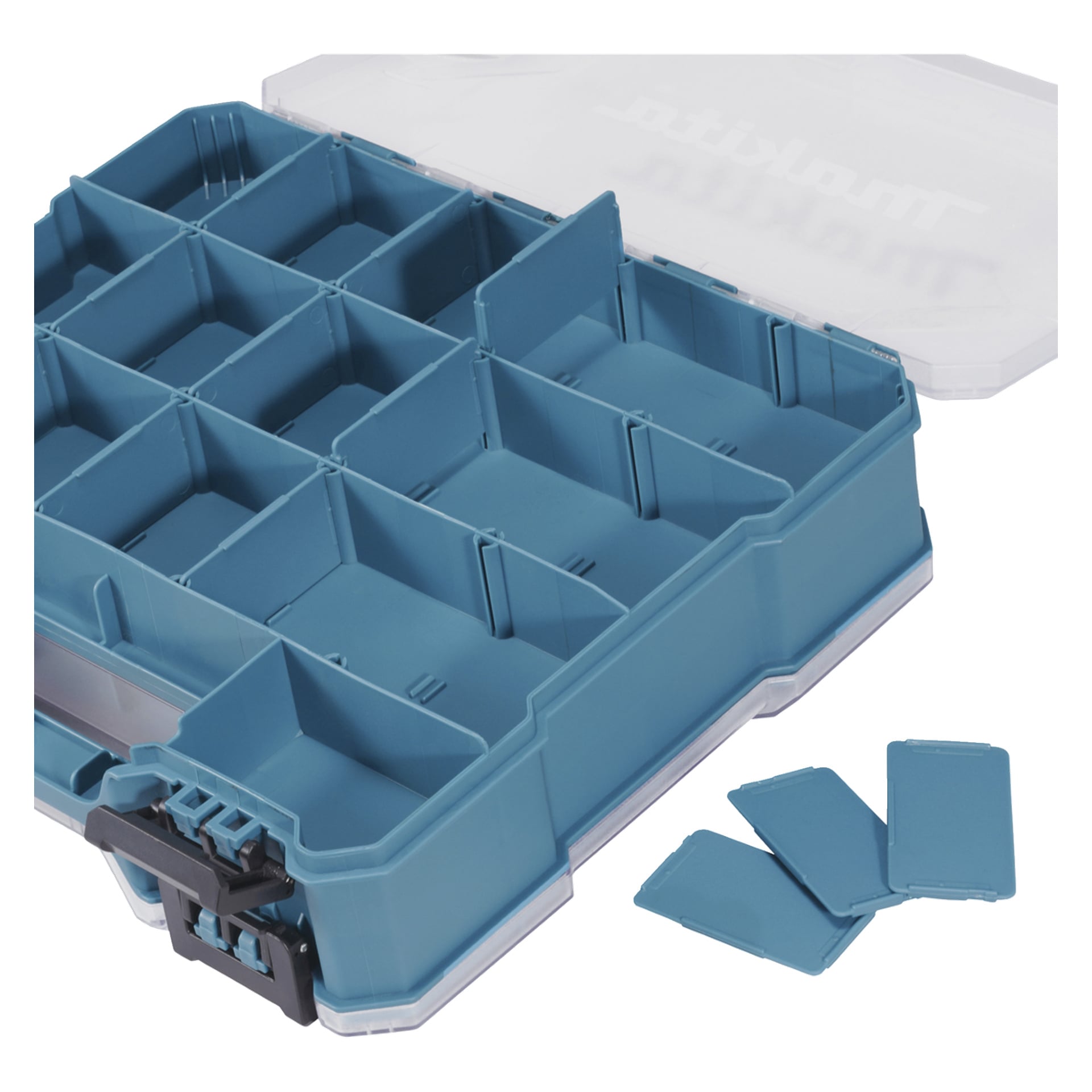 En blå plastboks med åpent lokk, justerbare rom og avtakbare skillevegger ved siden av.