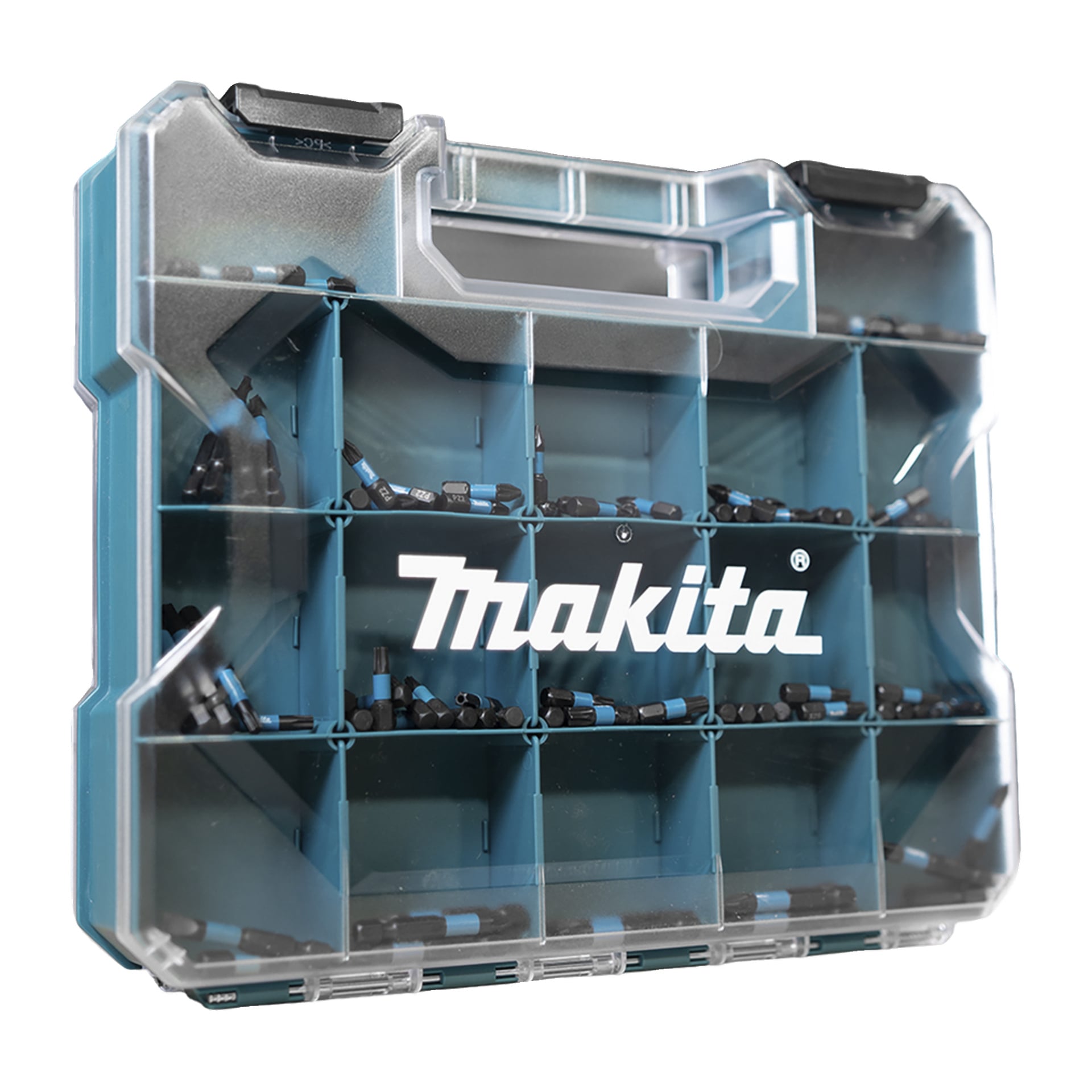 Et gjennomsiktig plastdeksel med blå innside, delt opp for ulike små bor eller skrutrekkerbits, og "Makita" med fete hvite bokstaver.