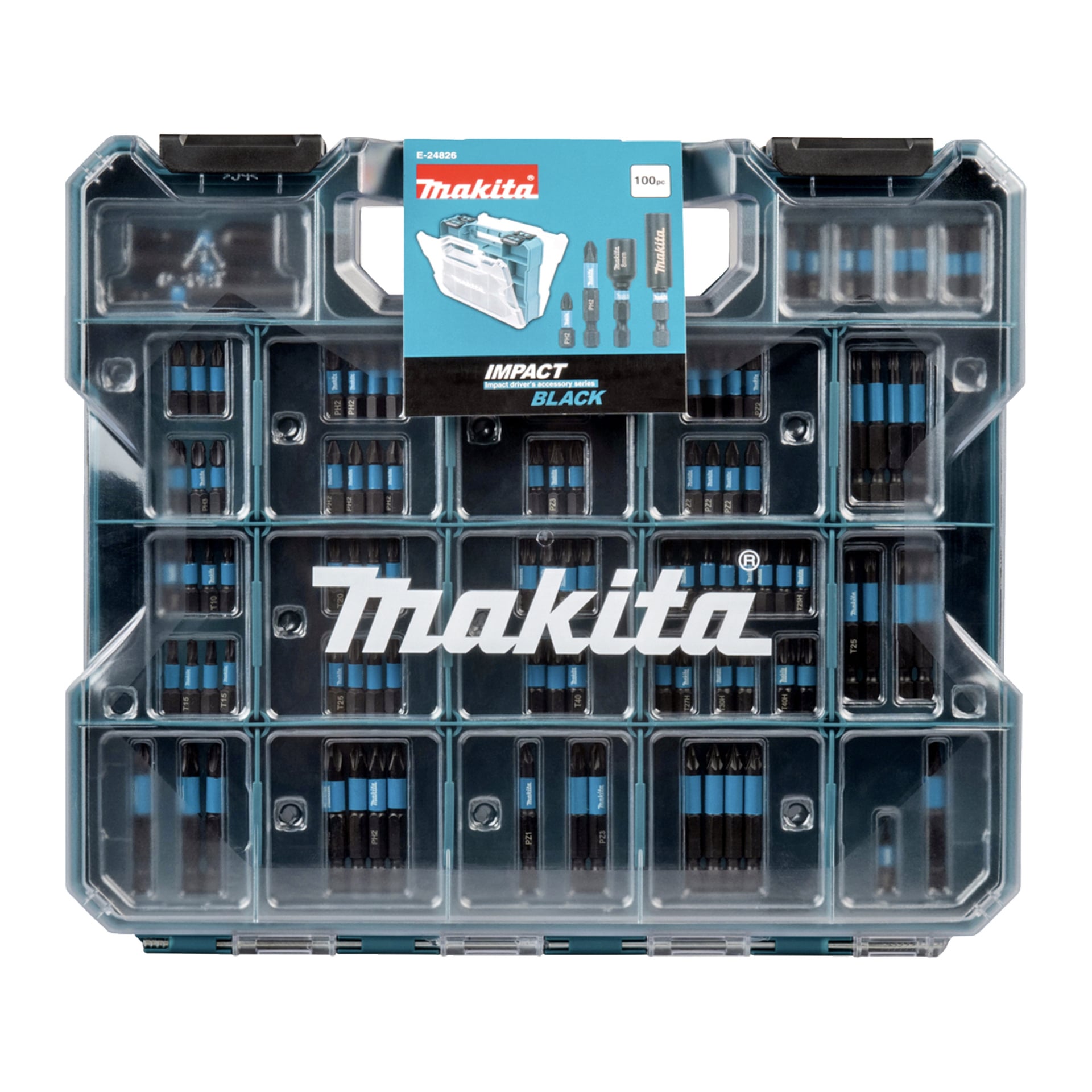 Et plastetui med klart lokk som inneholdt et Makita 100-delt svart slagtrekkerbitsett, med bits pent sortert etter type.