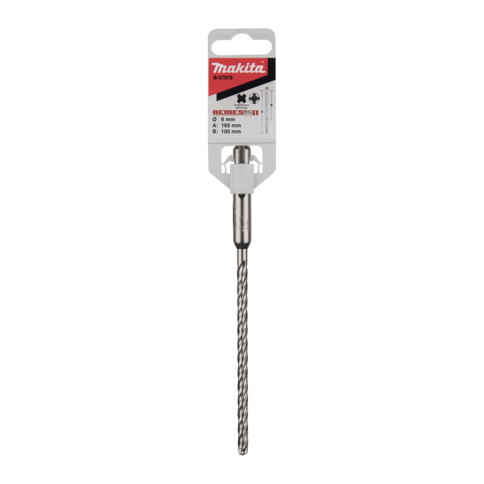 Makita 6 mm Bohrer im Gehäuse, gekennzeichnet mit 165 mm Länge, 100 mm Arbeitslänge, mit Spiralrillen und einem Sechskantschaft für die Bohrer.