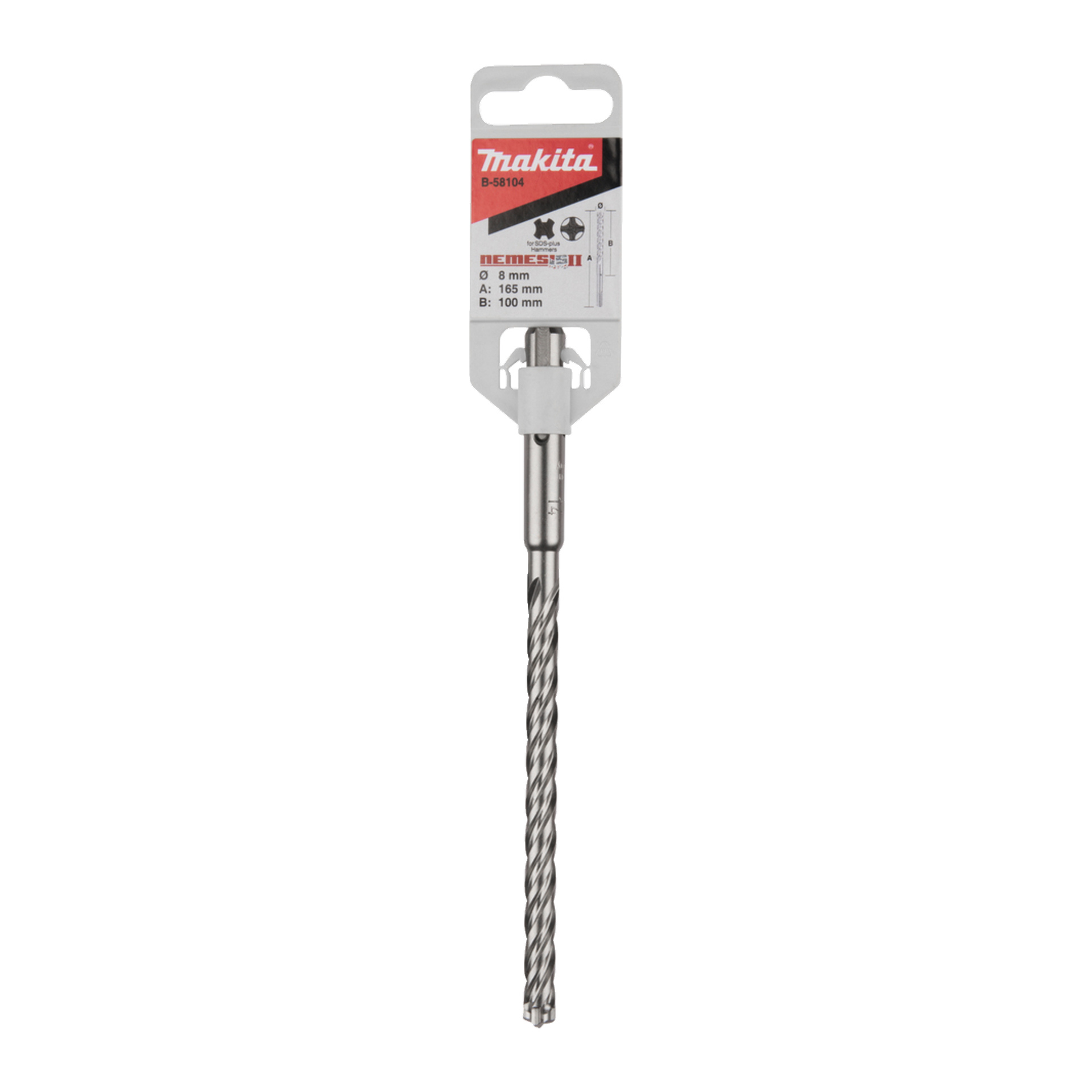 Makita 8 mm bor i pakken, produktinformasjon på et kort øverst, med en metallspiral-aksel.