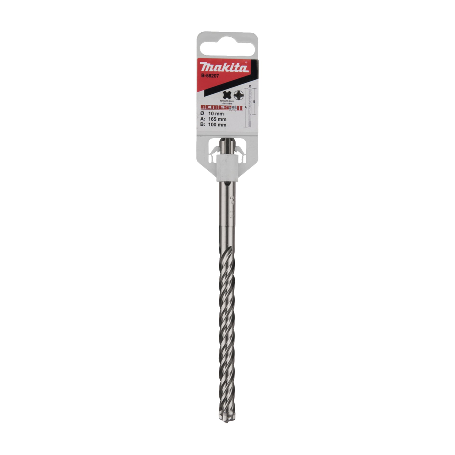 Makita SDS-Plus Bohrer in der Verpackung, beschriftet mit 10 mm Durchmesser, 185 mm Länge, 110 mm Arbeitslänge; Silber mit Spiralrillen.