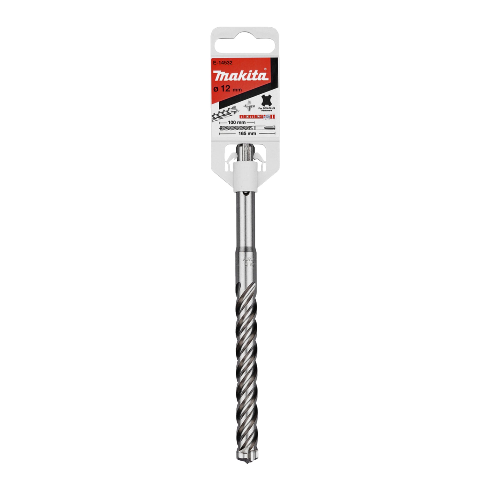 Makita 12 mm Bohrer in seinem Einzelhandelspaket, mit einer silbernen Spiralspitze und Spezifikationen auf einem rot-weißen Pappetikett.