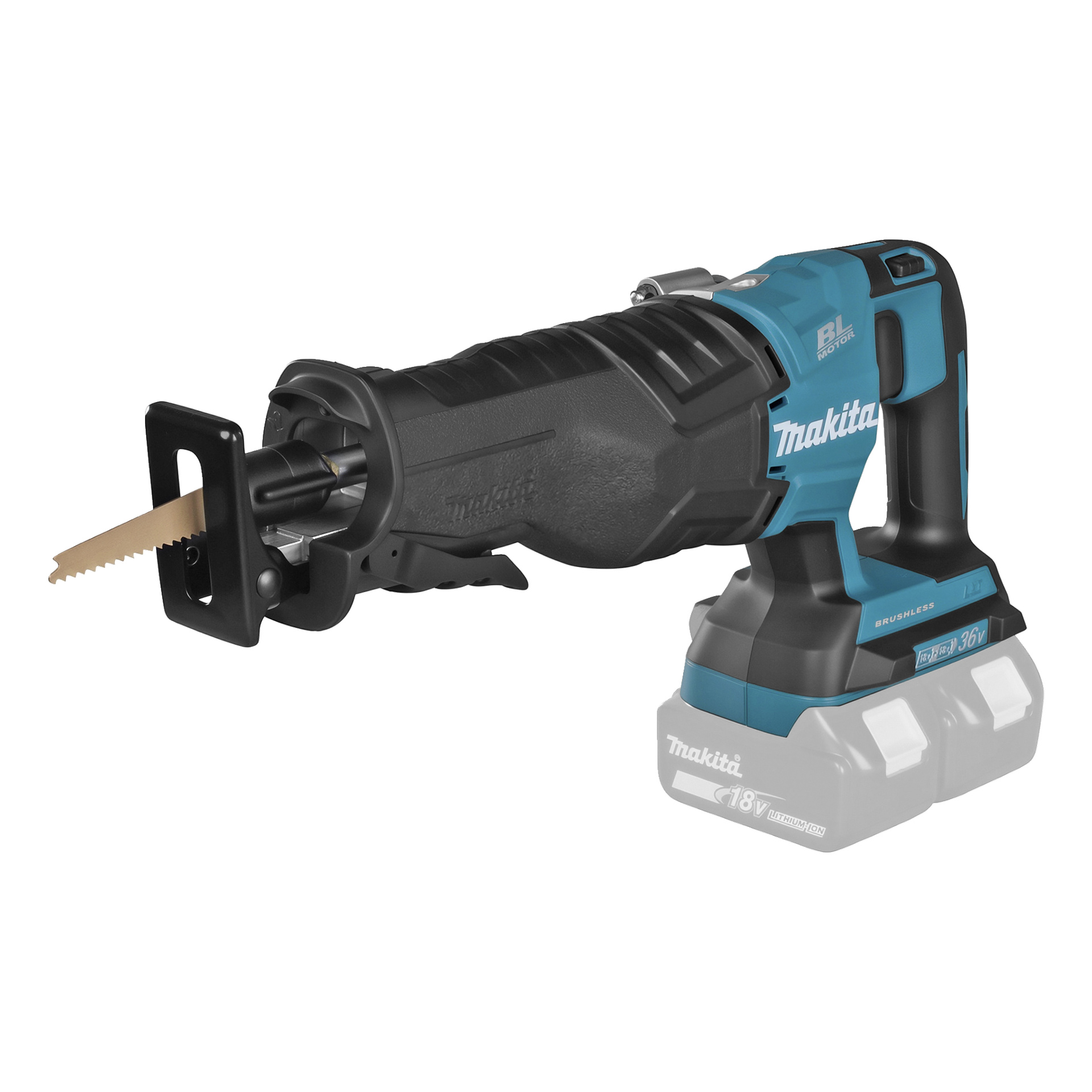 Makita 18V johdoton mäntäsaha sinisenä ja mustana, esitetty kulmassa, terä näkyvissä ja akku ei kiinnitetty.
