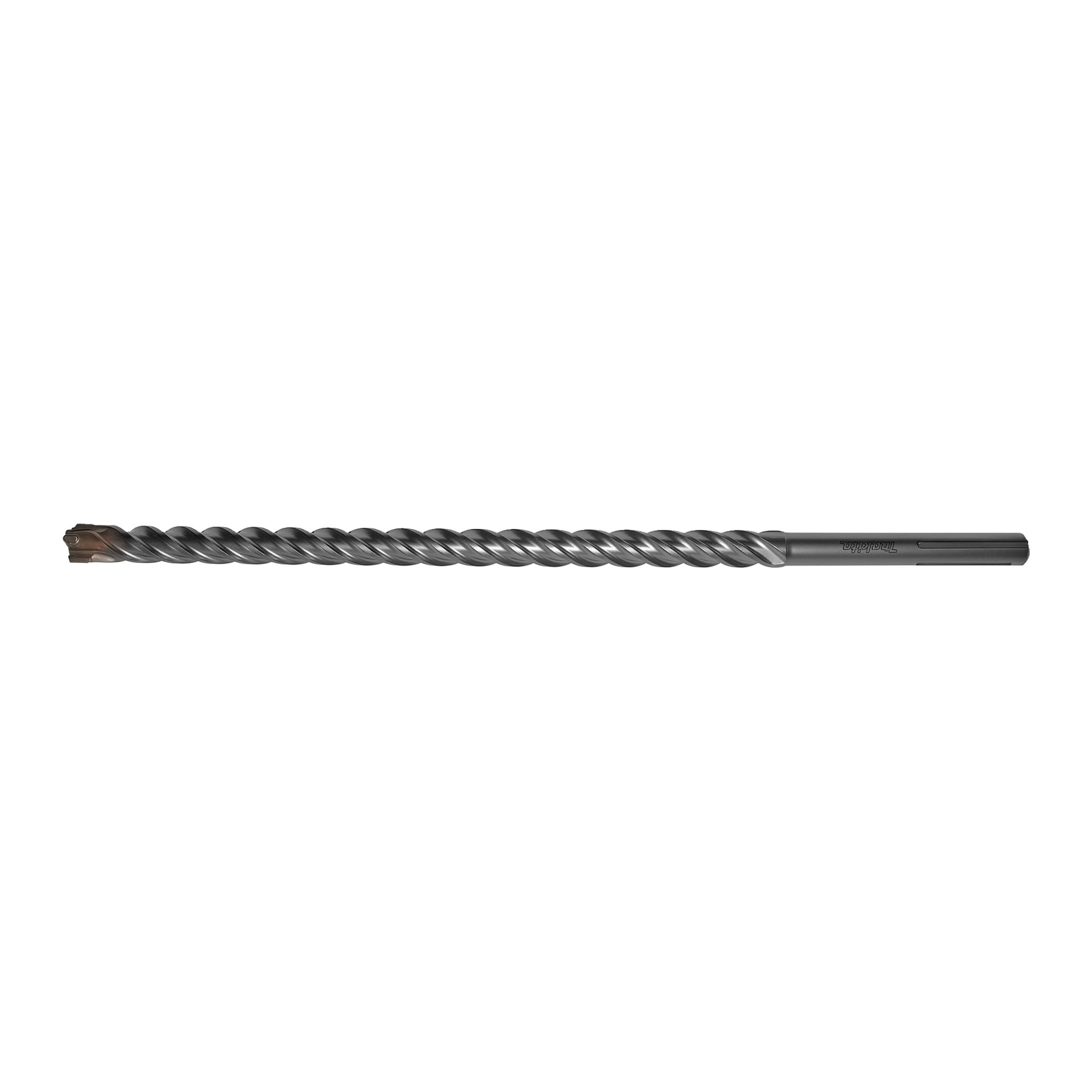 Ein Metallbohrer mit Rotationshammer mit einem Spiralflötenmuster und einer Hartmetallspitze.