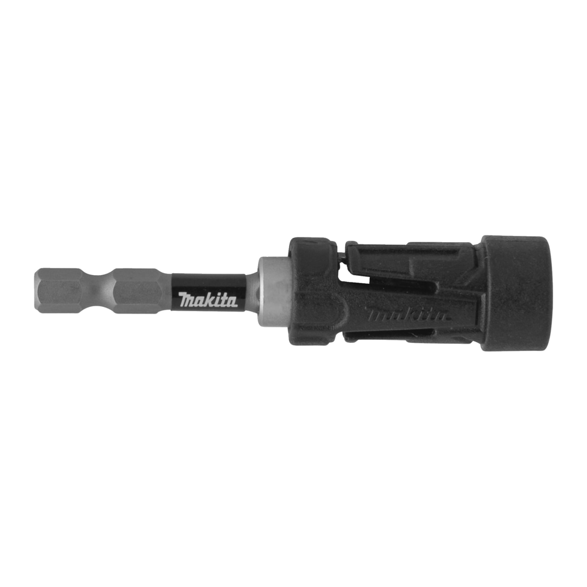 Makita magnetisk bitshållare med svart och silverfärgad finish, sexkantad skaft till vänster, cylindrisk svart hylsa till höger för bits.
