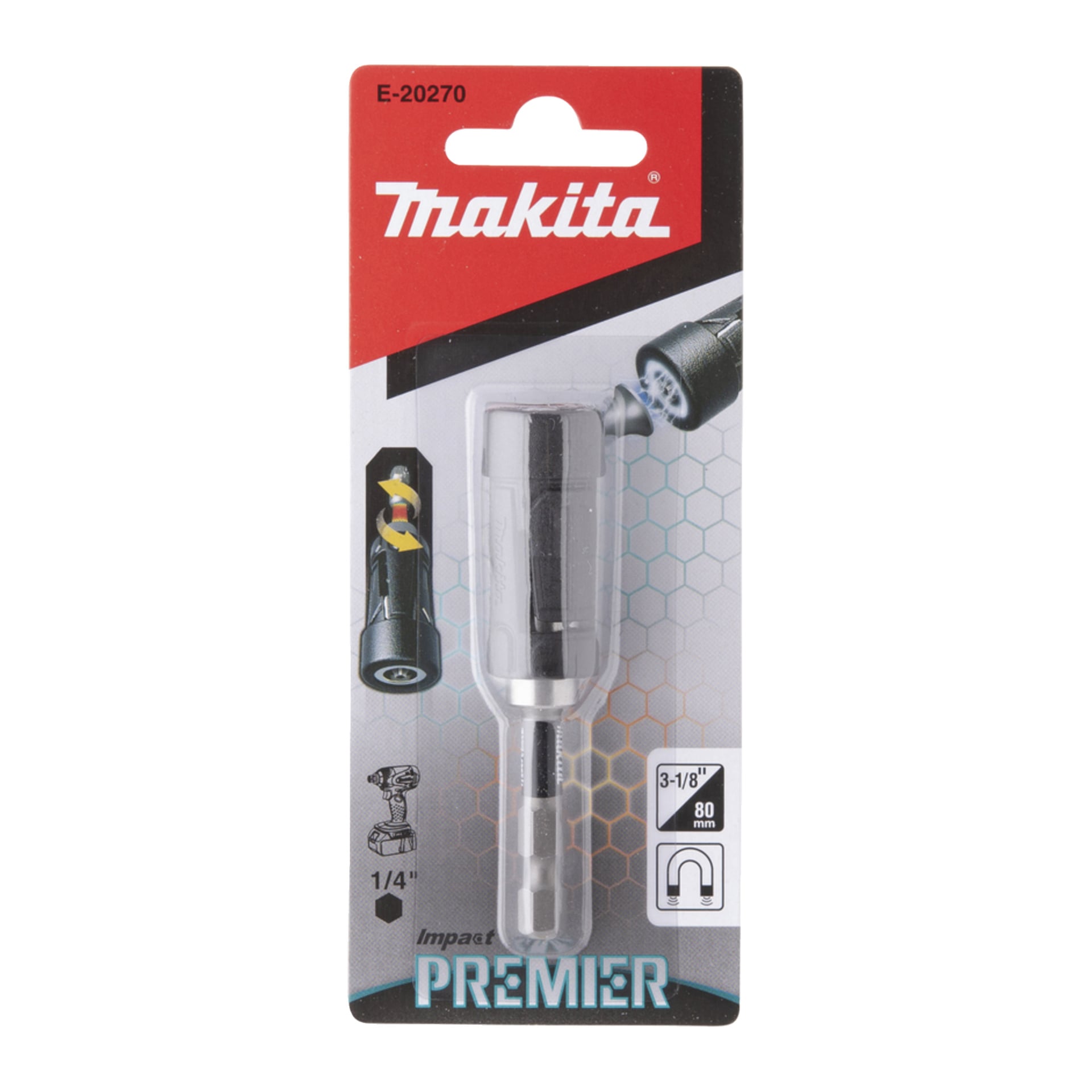 Makita Impact Premier-bithållare E-20270 i förpackning, med bilder på dess funktioner och specifikationer: 3-1/8" längd, 1/4" drivning.