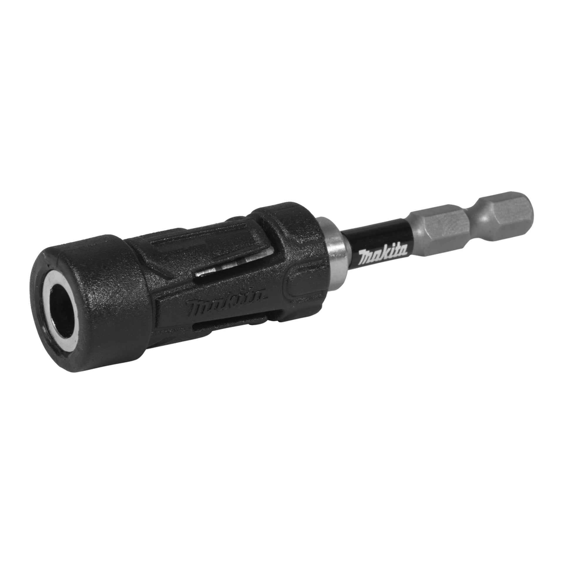 En svart Makita magnetisk borrhållare för borrmaskiner, med en sexkantad skaft och en cylindrisk kropp som visar Makita-logotypen.