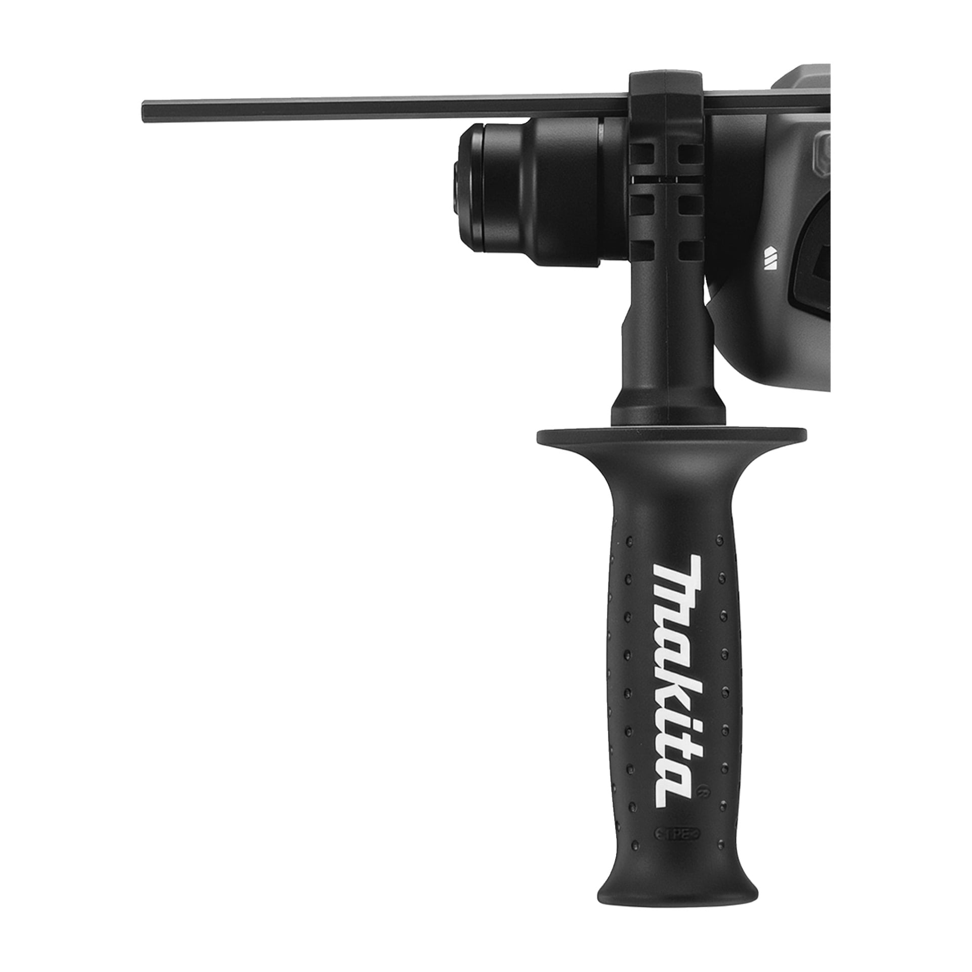 Nahaufnahme eines schwarzen Makita-Powerdrill-Griffs mit Seitengriff und Tiefenstange, auf dem das Makita-Logo in Weiß auf dem Griff zu sehen ist.