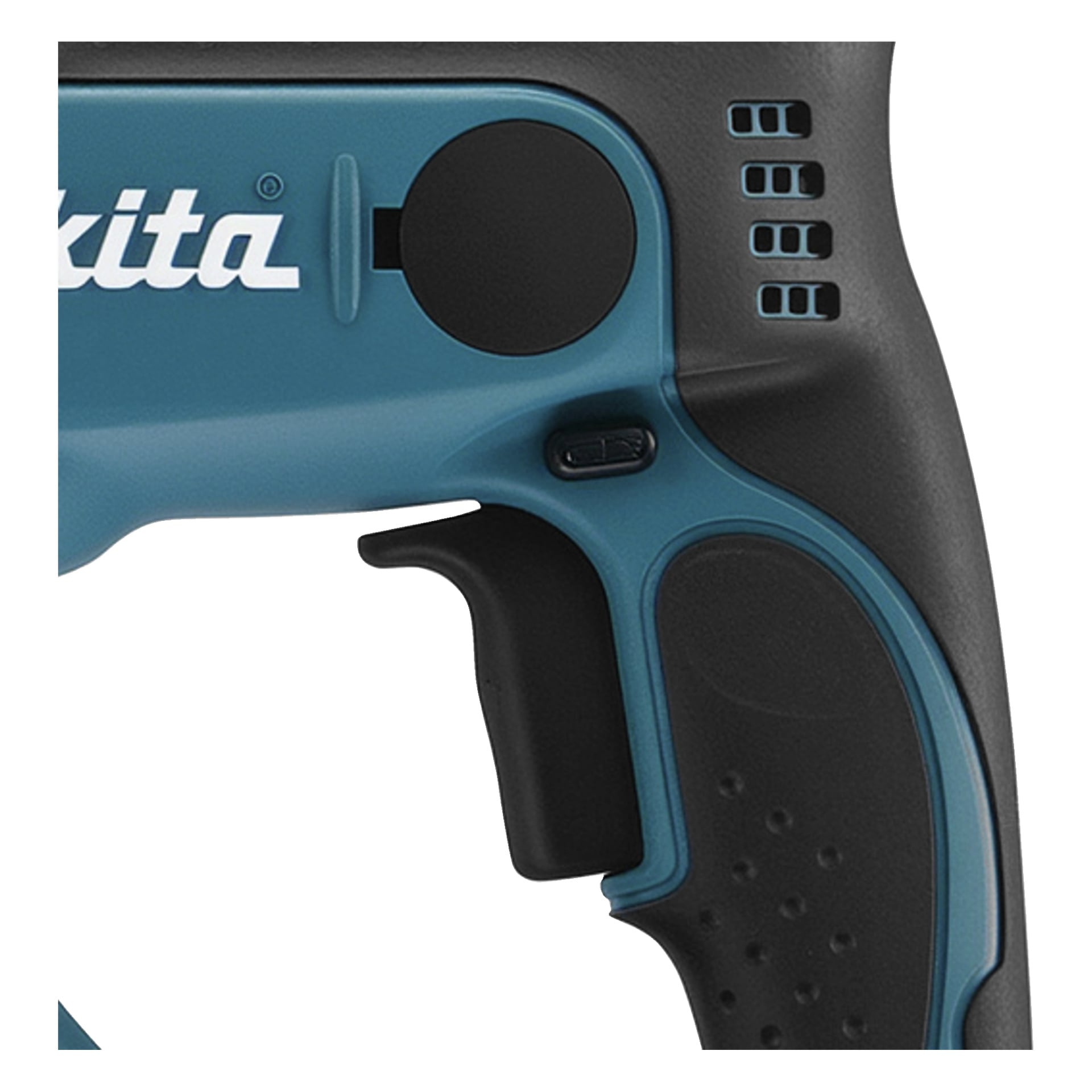 Detaillierte Ansicht des Griffs eines blau-schwarzen Makita-Elektrowerkzeugs, der den Griff, die Lüftungsöffnungen, den Schalter und einen Teil des Markenlogos zeigt.