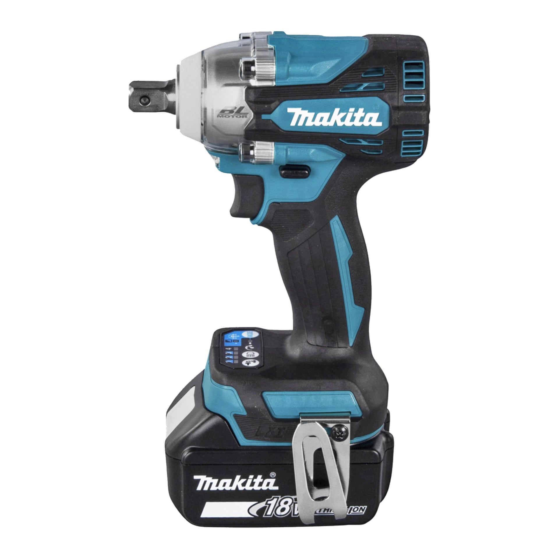 Makita 18V johdoton iskuavain pystyasennossa, jossa on musta ja turkoosi runko, vyöklipsi ja akku Makita-logolla.