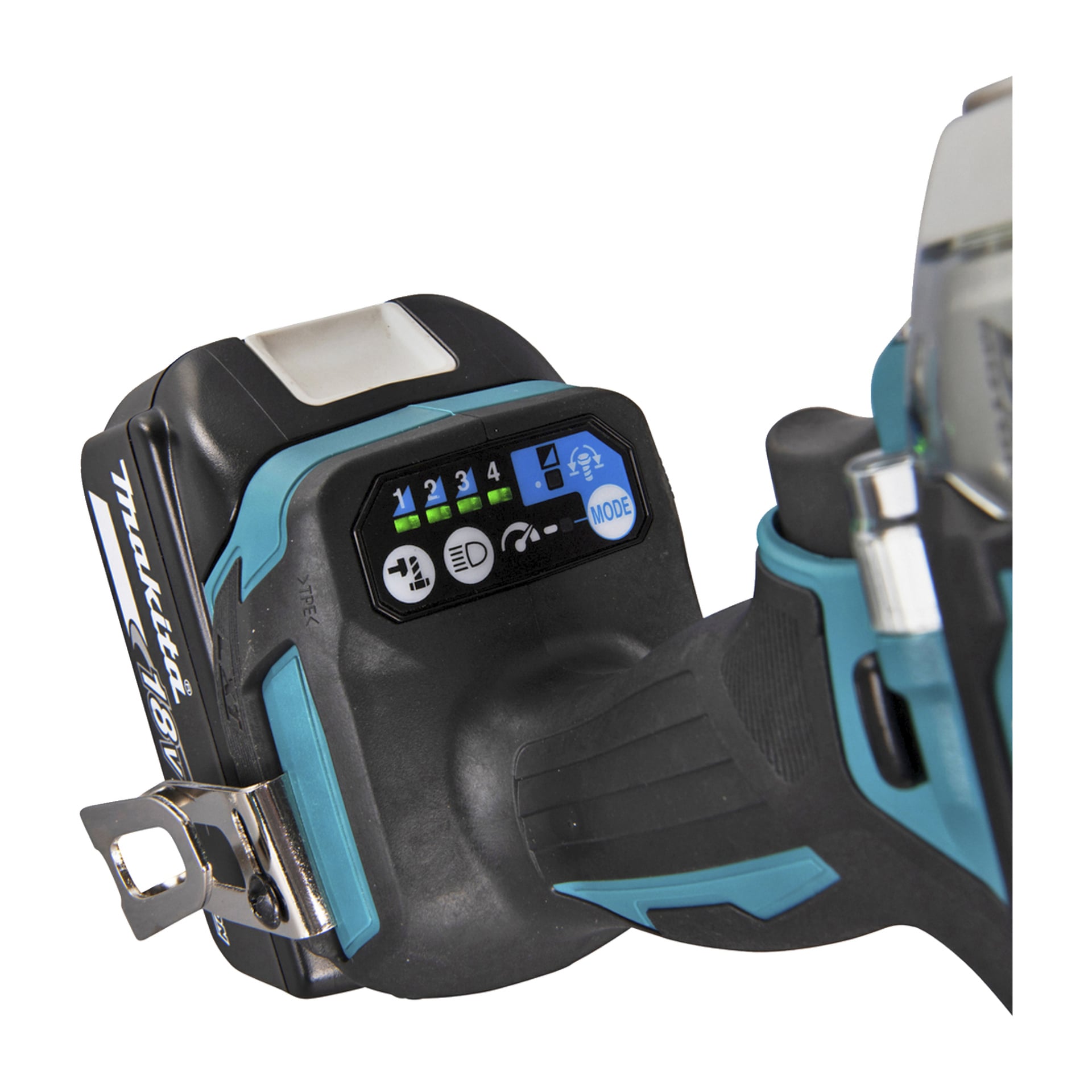 Makita 18V akku yhdistettynä langattomaan työkaluun, jossa on LED-näyttö, jossa on virtatila ja tilakuvakkeet paristokotelossa.