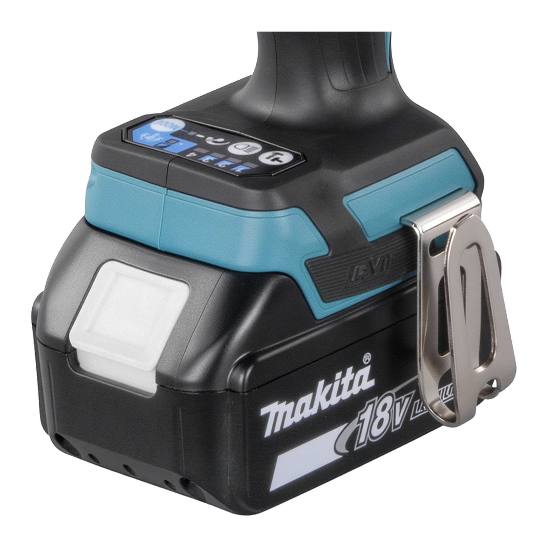 Makita 18V litiumioniakkupaketti yhdistettynä sähkötyökaluun, jossa on sininen ja musta kotelo, napit ja hopeinen vyöklipsi.