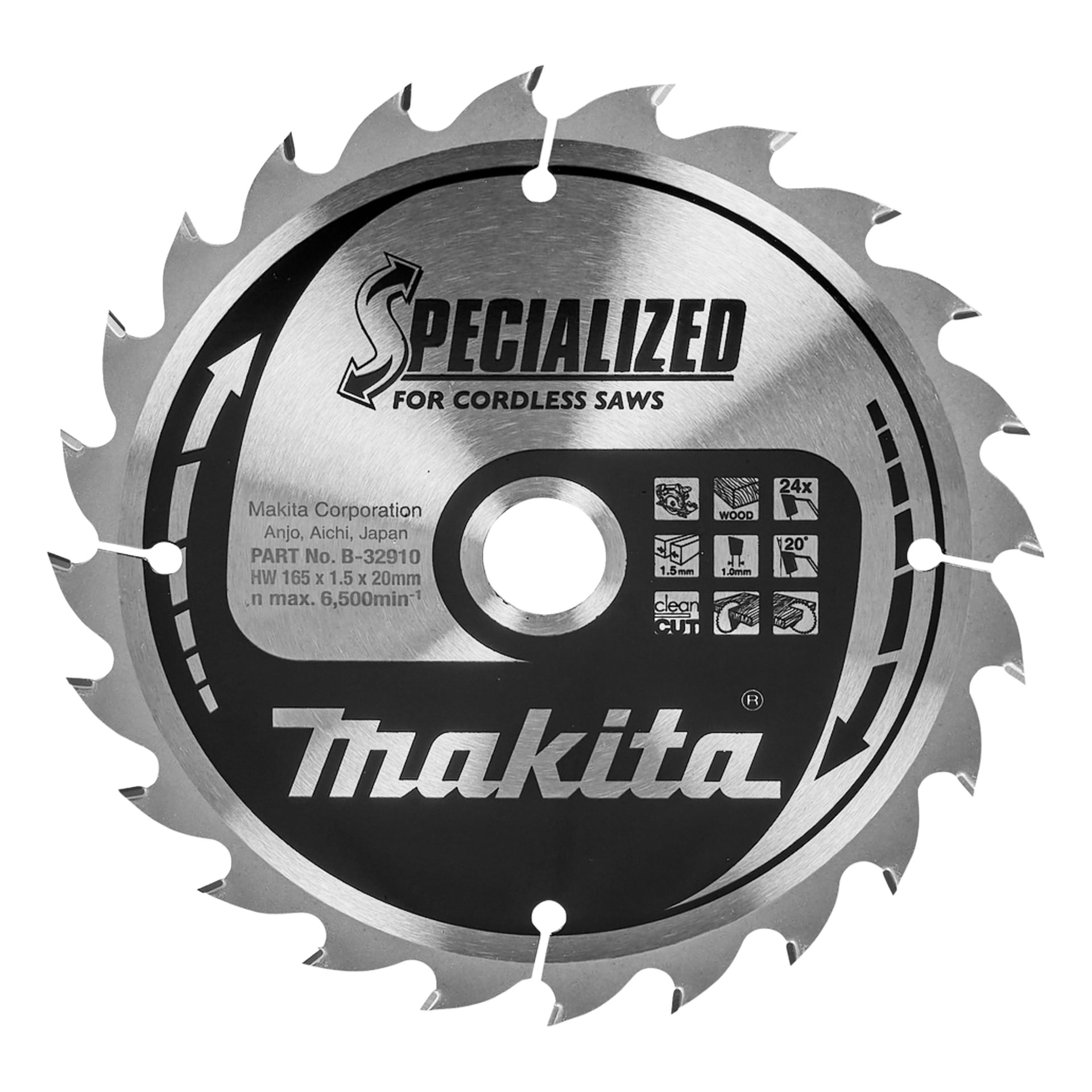 Makita Specialized cirkelsågblad för sladdlösa sågar, HW 165 x 1,5 x 20 mm, max 6 500 varv per minut, 24 tänder, säkerhets- och användningsikoner.