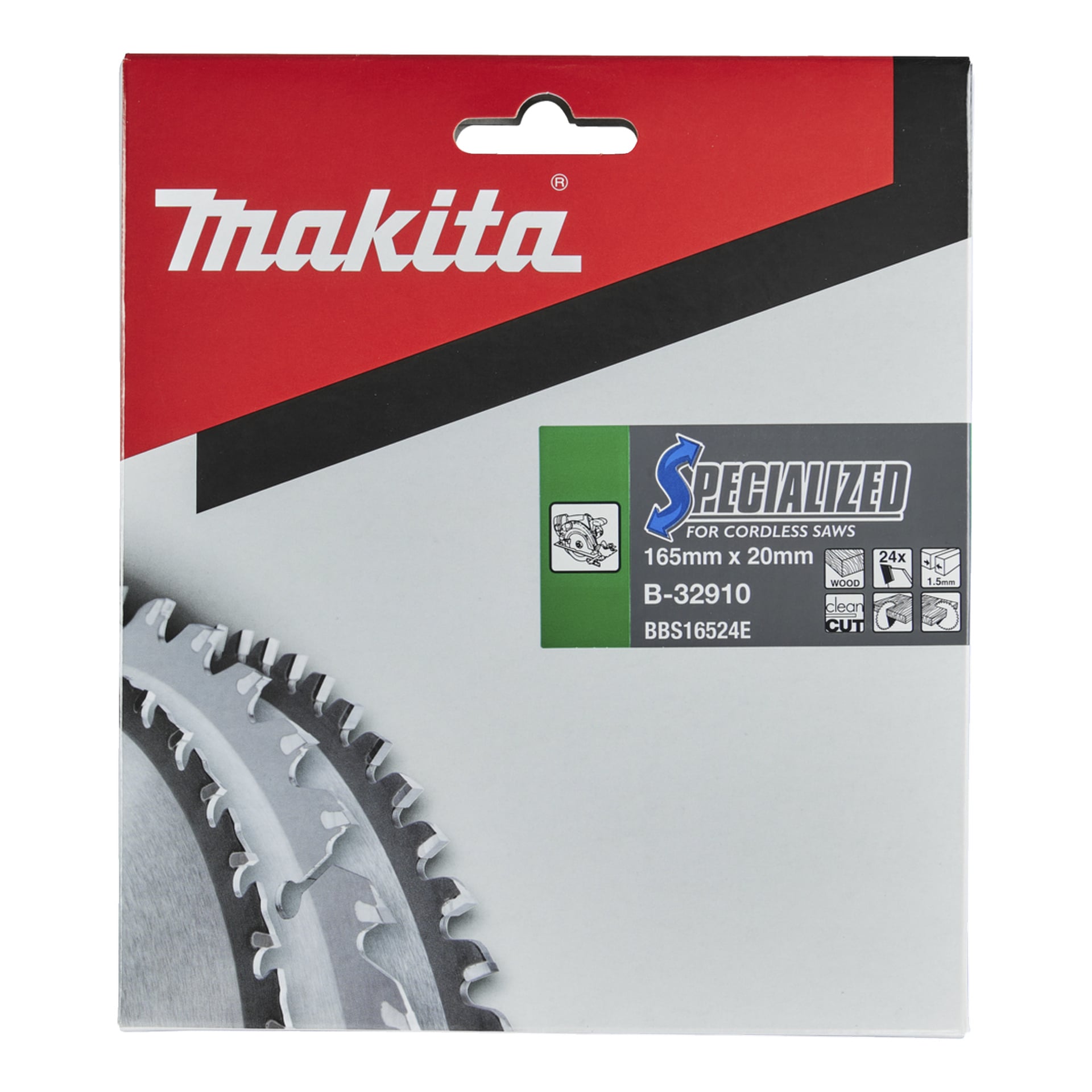 Makita-förpackning för ett 165 mm x 20 mm cirkelsågblad, B-32910-modell för sladdlösa sågar, med blad och specifikationer på röd, svart bakgrund.