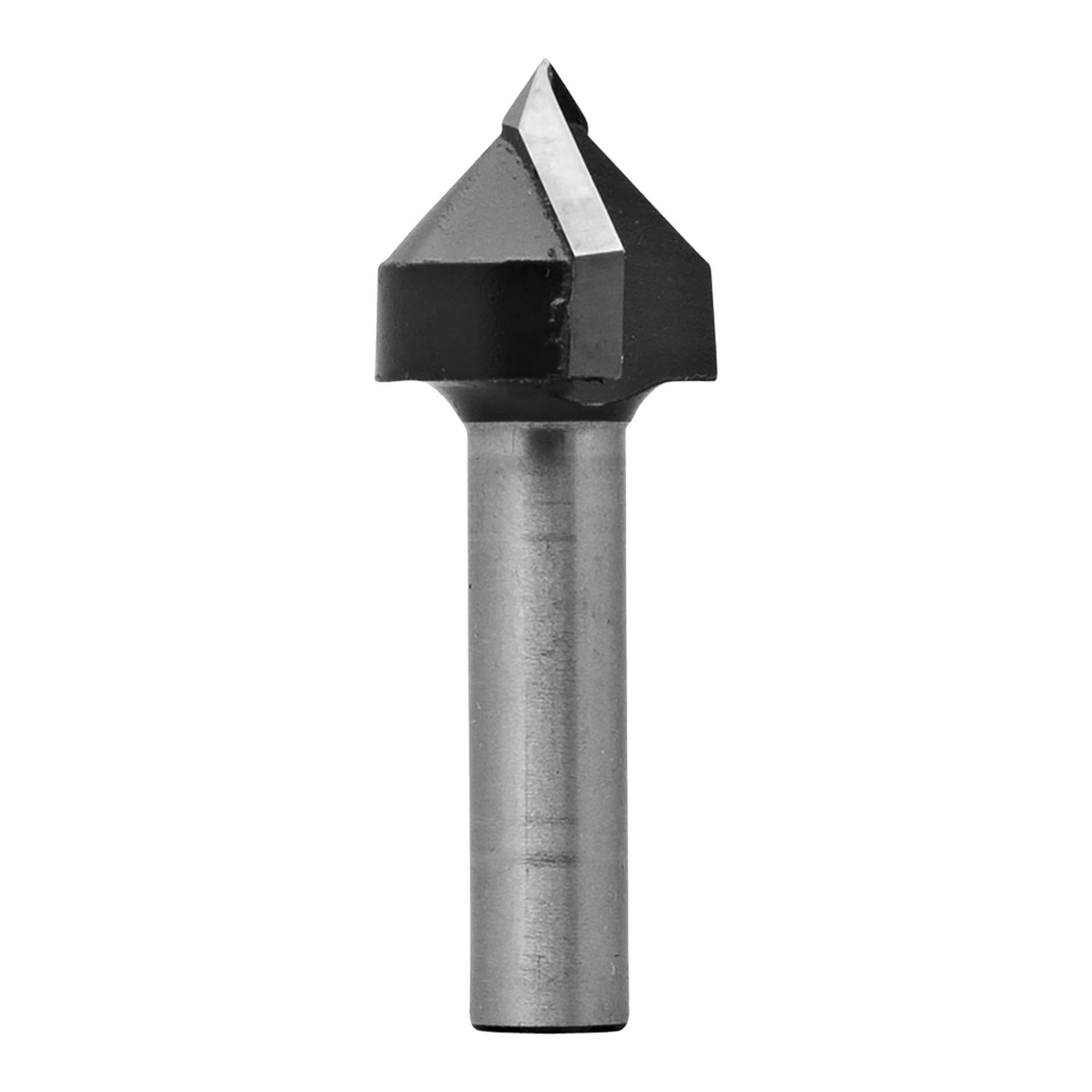 Närbild av en metallförsänkarborr med konisk skäregg och cylindrisk skaft.