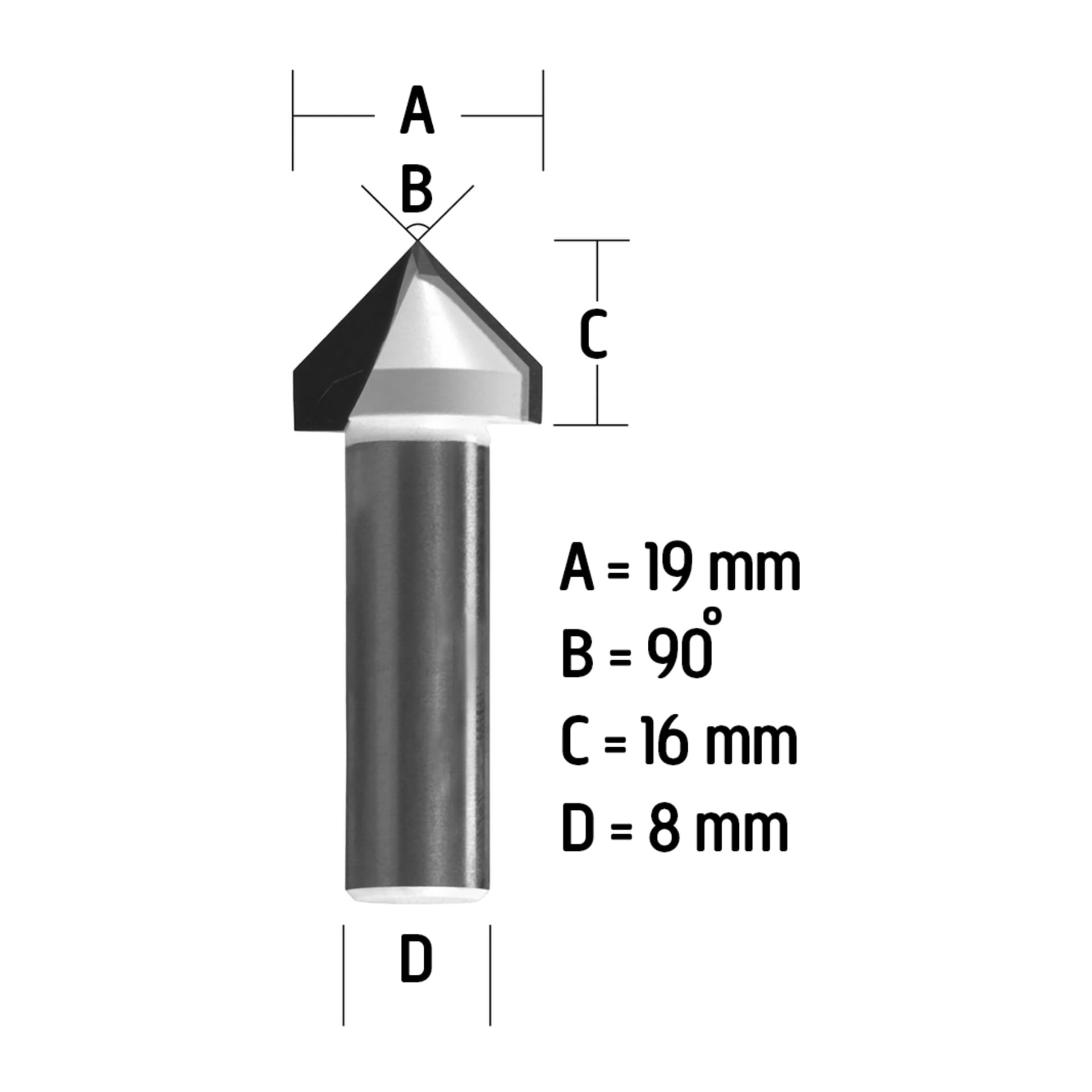 Metallförsänkningsverktyg med spetsig spets och cylindrisk skaft, med markeringar: A 19 mm, B 90°, C 16 mm, D 8 mm.