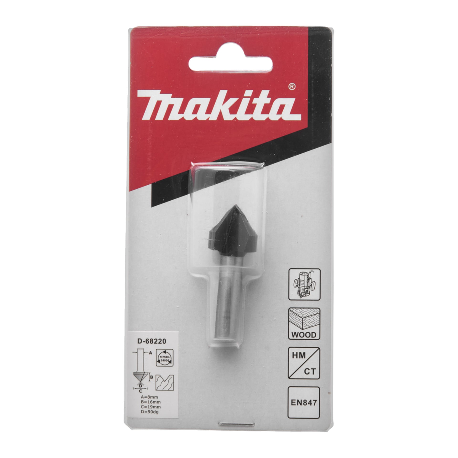 Makita-fräsbit D-68220 i klar plast- och kartongförpackning med Makita-logotyp, träikoner och produktdetaljer.
