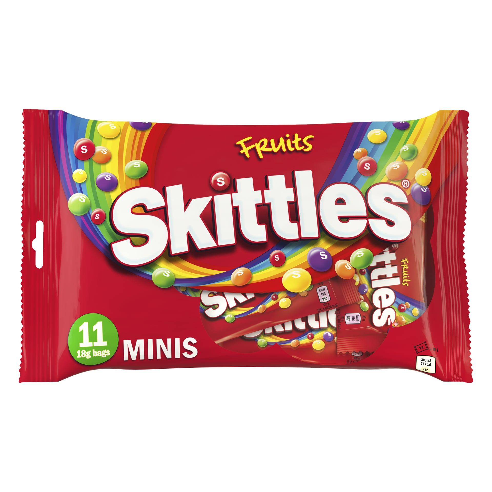 Red Skittles Fruits Minis-pose med regnbuefarge og fargerike godterier, grønn sirkel med 11 poser på 18 liter, minipakker vist inni.