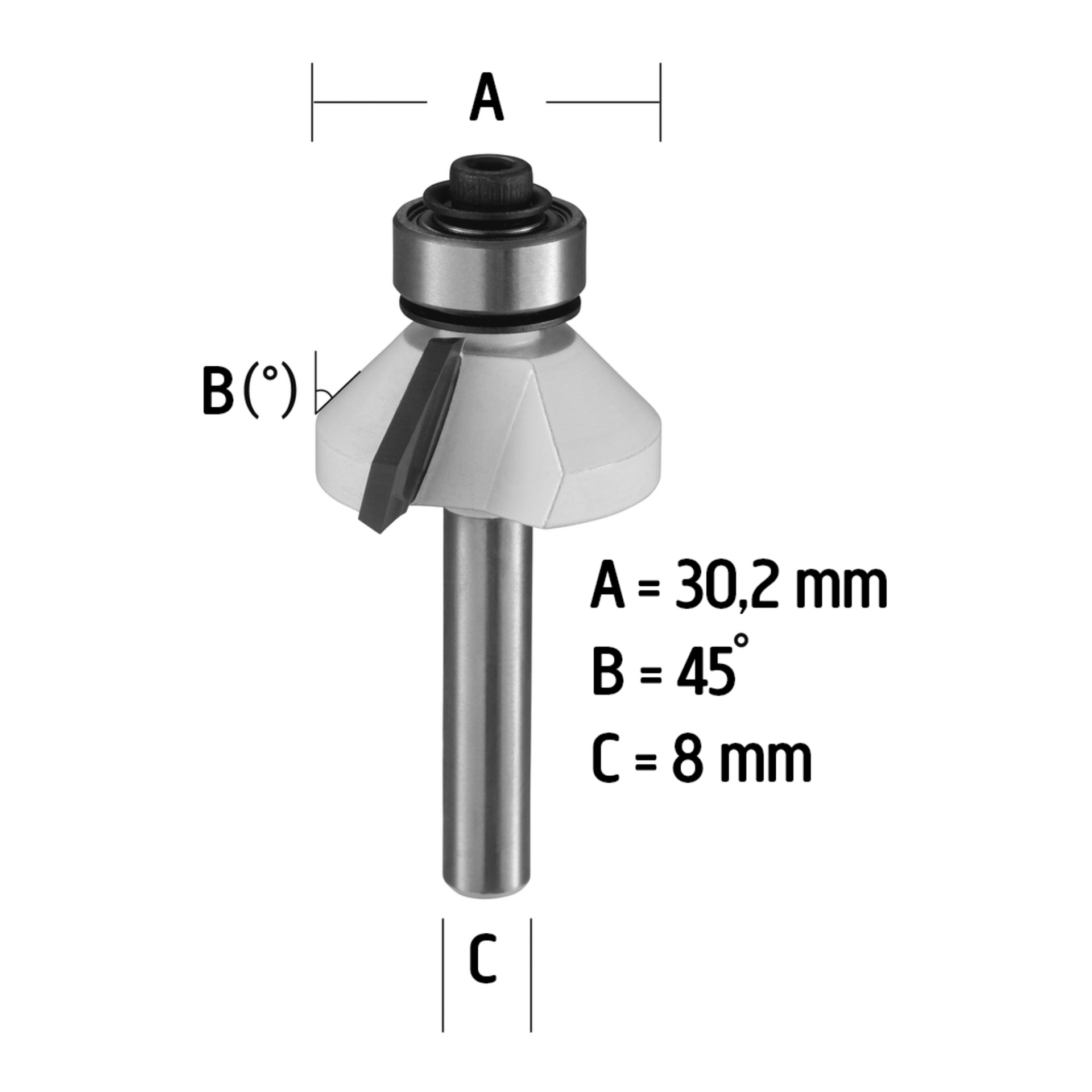 Metallfræser med merkede størrelser: A 30,2 mm, B 45°, C 8 mm; Oppreist, lager på toppen, vinklet skjærekant.