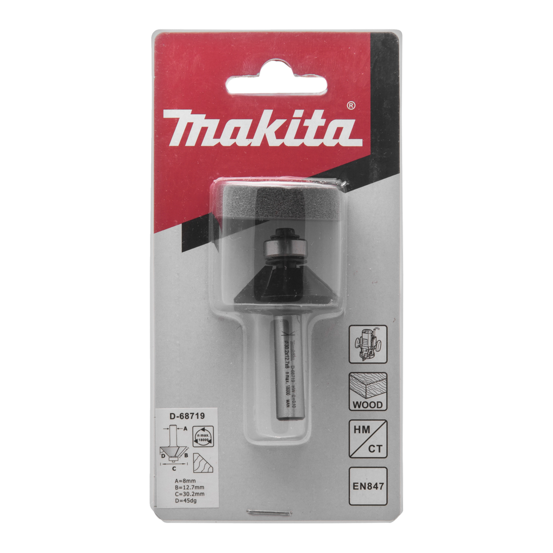 Makita D-68719 freser i emballasjen, som viser produktdetaljer, diagrammer, tre-/HM/CT-ikoner og synlig bit bak klar plast.