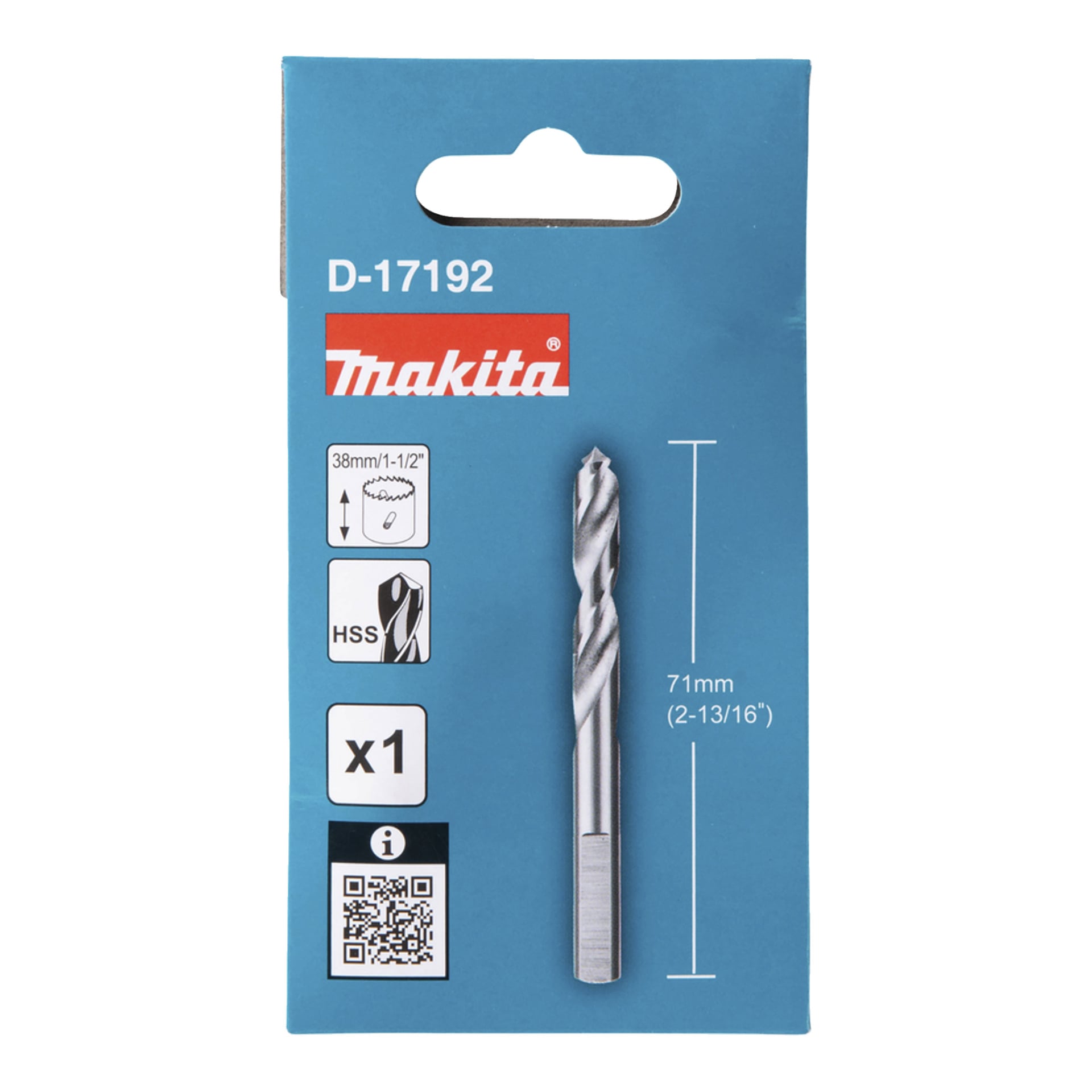 Makita 38 mm (1-1/2") HSS-bor i blå emballasje, har produktbilde, 71 mm lengde, D-17192-kode, ikoner, QR-kode.