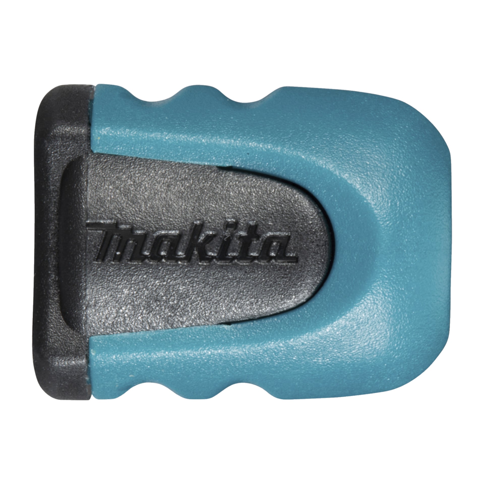 Närbild på en Makita-verktygsklämma med en svart texturerad mitt, Makita-logga och blå konturerad ytterkant.