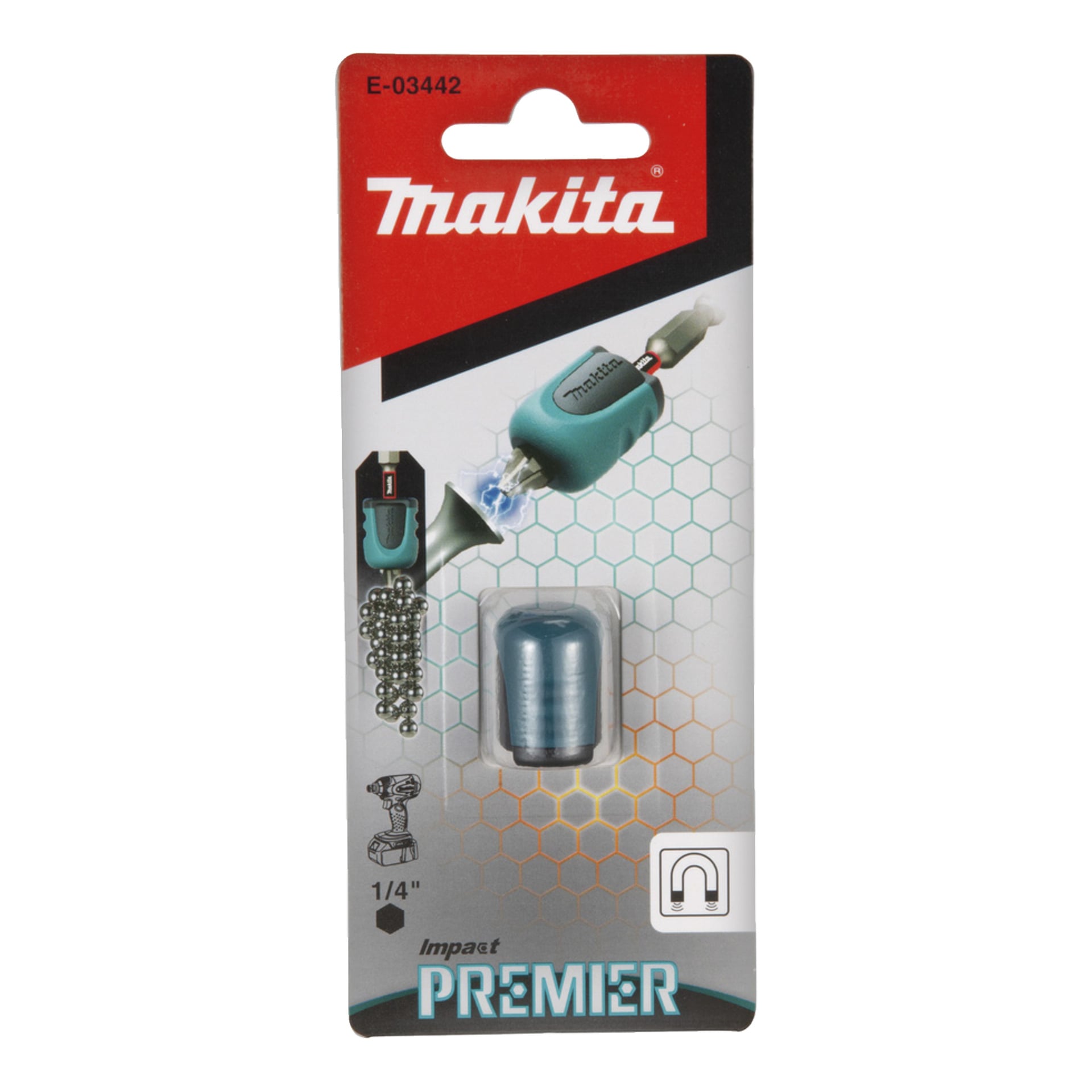 Makita E-03442 Impact Premier magnetisk bitshållare i detaljhandelsförpackning, där verktyg, märke, artikelnummer och användningsillustrationer visas.