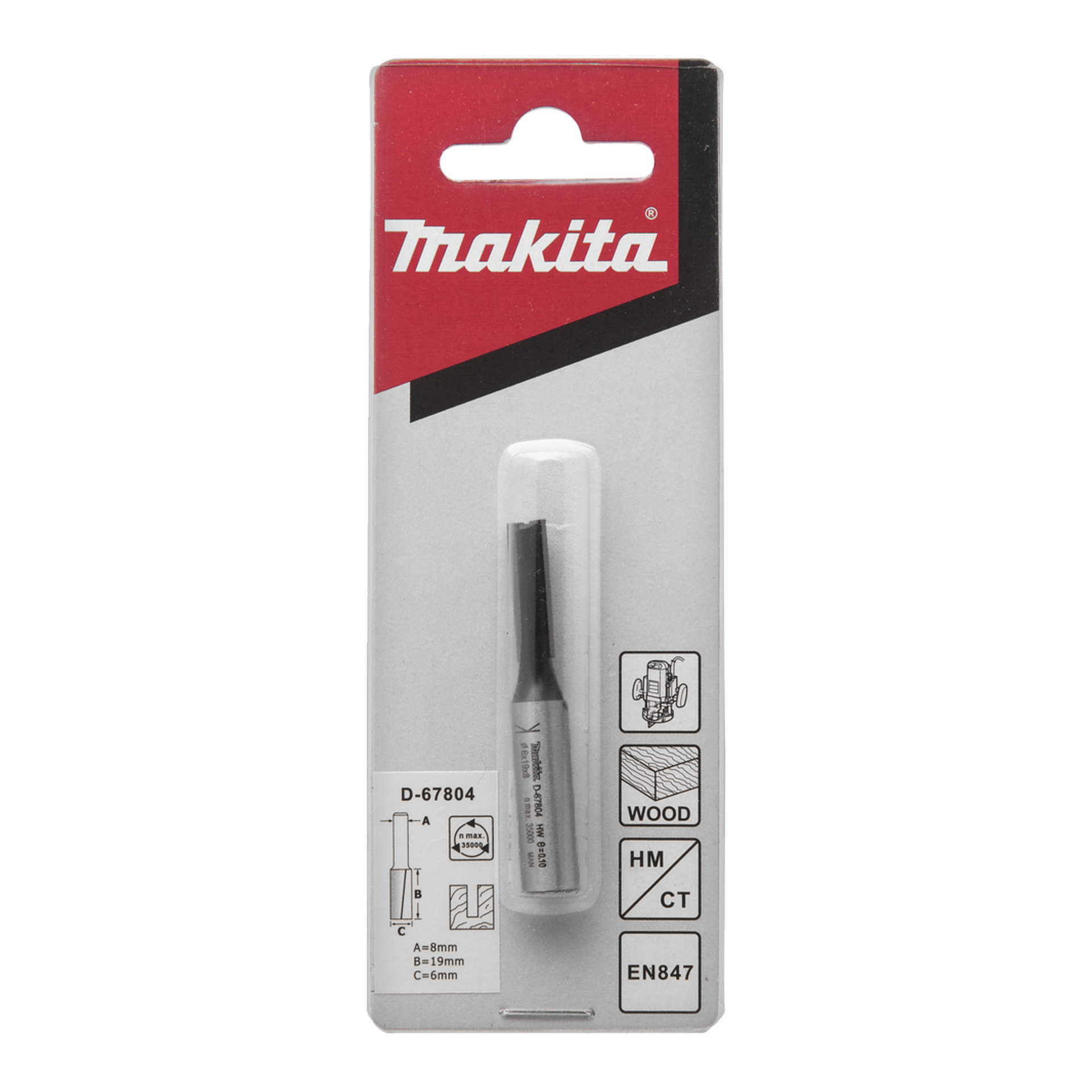 Makita D-67804 fräsbit i detaljhandelsförpackning för trä, med produktinformation, diagram och specifikationer på framsidan av blisterpaketet.