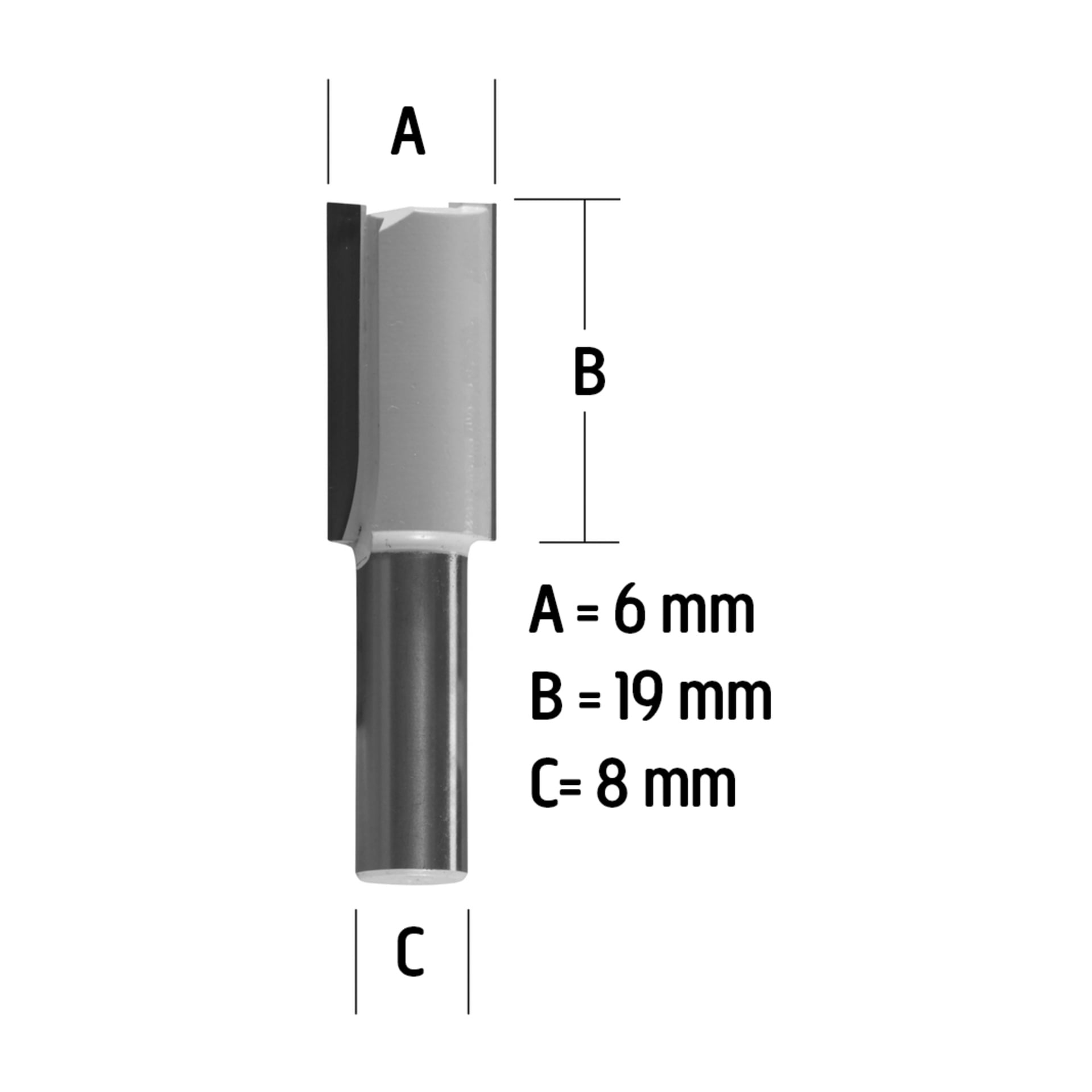 Rak fräsbit med mått: A-6 mm (diameter), B-19 mm (skärlängd), C-8 mm (skaftdiameter).