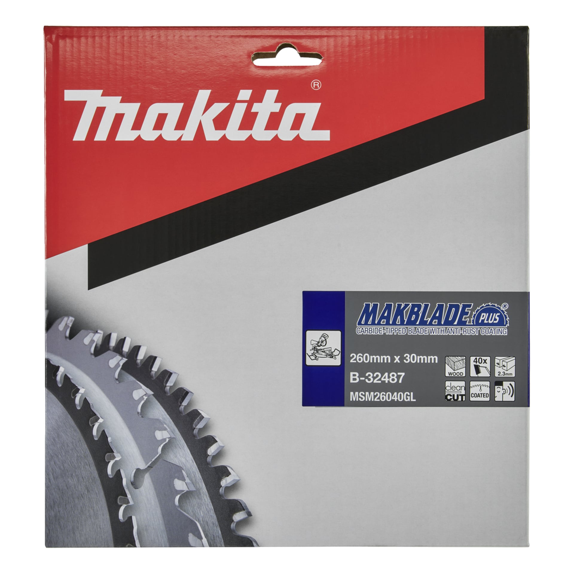Makita Makblade Plus sågbladsförpackning, med specifikationer 260 mm x 30 mm, modell B-32487 och en bladbild till vänster.