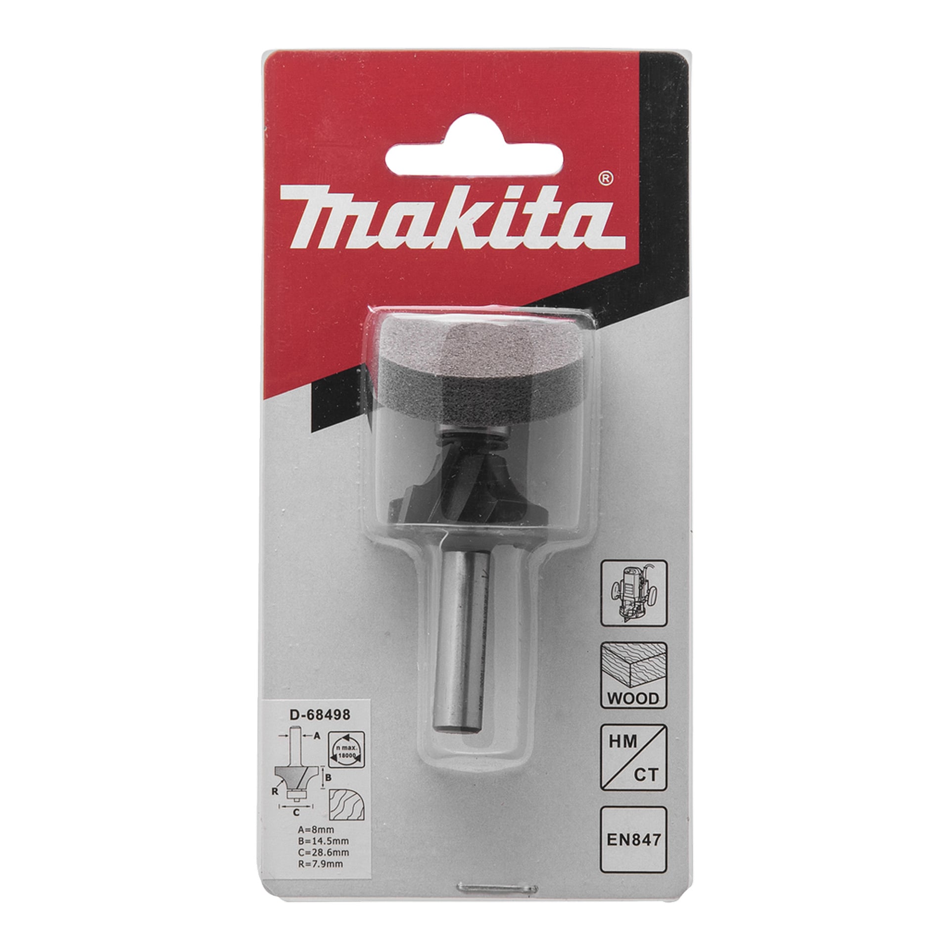 Frez Makita w pakowaniu detalicznym z kodem D-68498, ikonami użycia drewna, szczegółami rozmiaru i certyfikatami pokazanymi na dole.