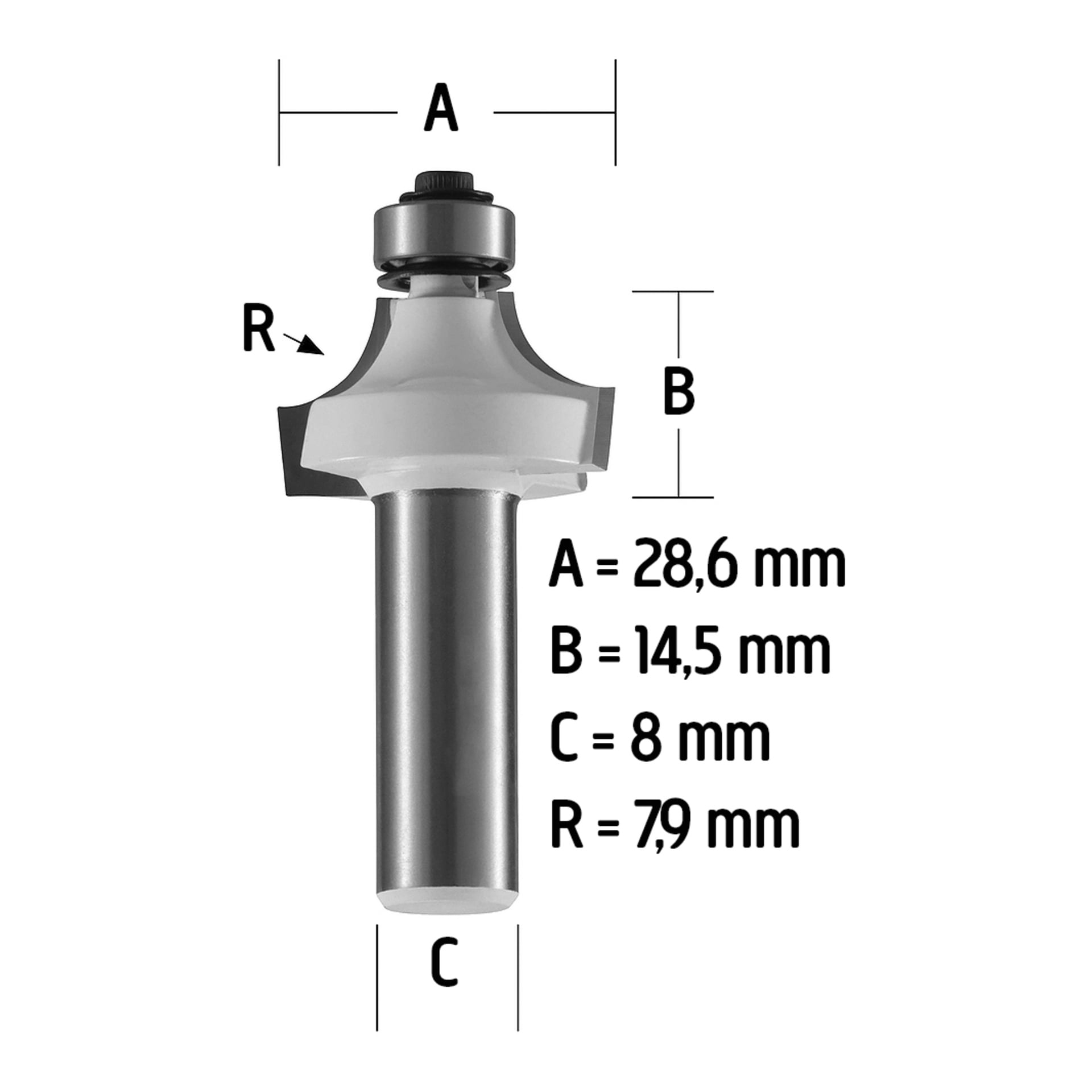 Schemat frezu do frezarki roundover o wymiarach: A 28,6 mm, B 14,5 mm, C 8 mm i R (promień) 7,9 mm, części oznaczone.
