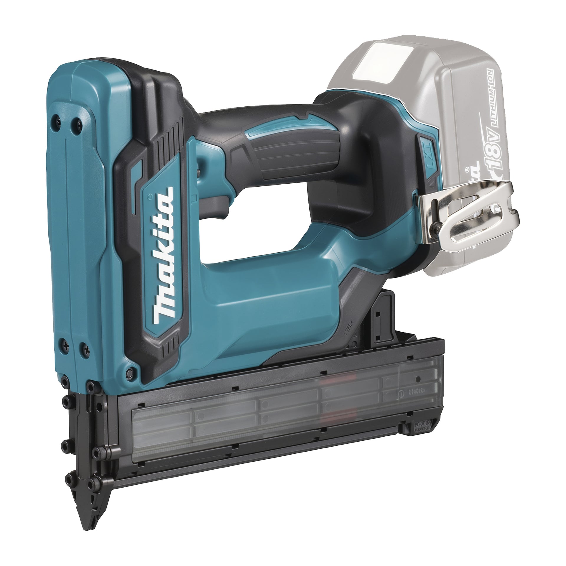 Makita 18V sladdlös spikpistol i blått och svart, vinklad så att avtryckare, magasin och batteriplats visas; Batteriet är inte anslutet.