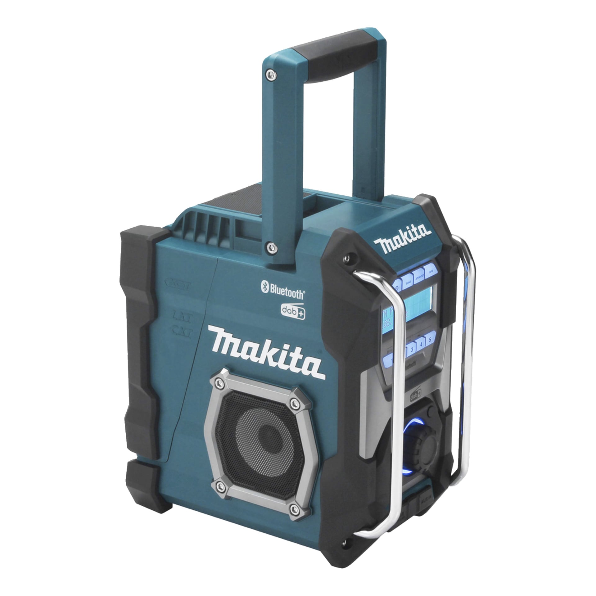 Makita portabel radio i teal, med handtag, Bluetooth, kontrollknappar, skärm, högtalargaller och robust svartsilverfärgad list.
