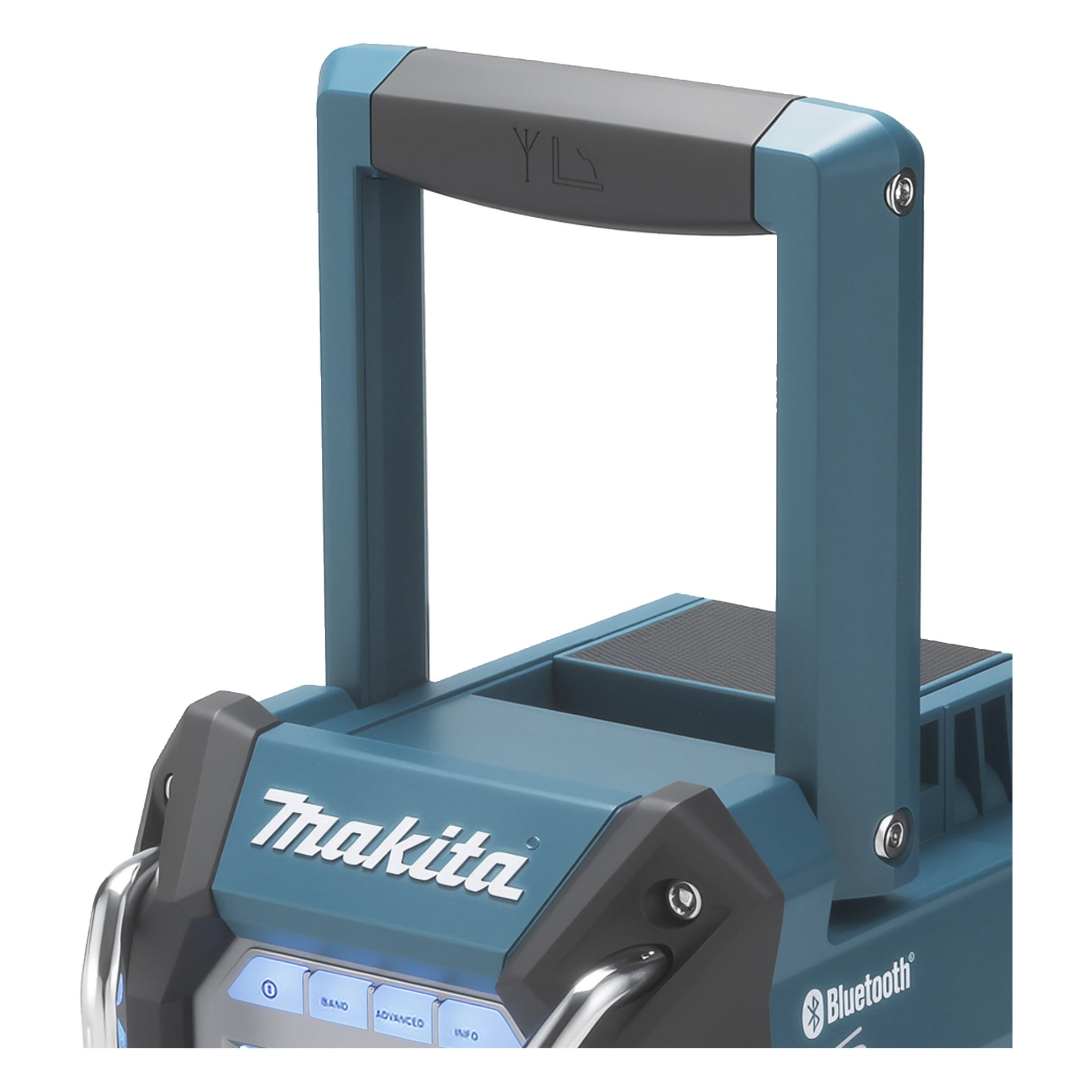 Närbild av handtaget på en blå Makita-enhet, upprätt, som visar delar av kontrollpanelen och varumärket. Bluetooth-kompatibel.