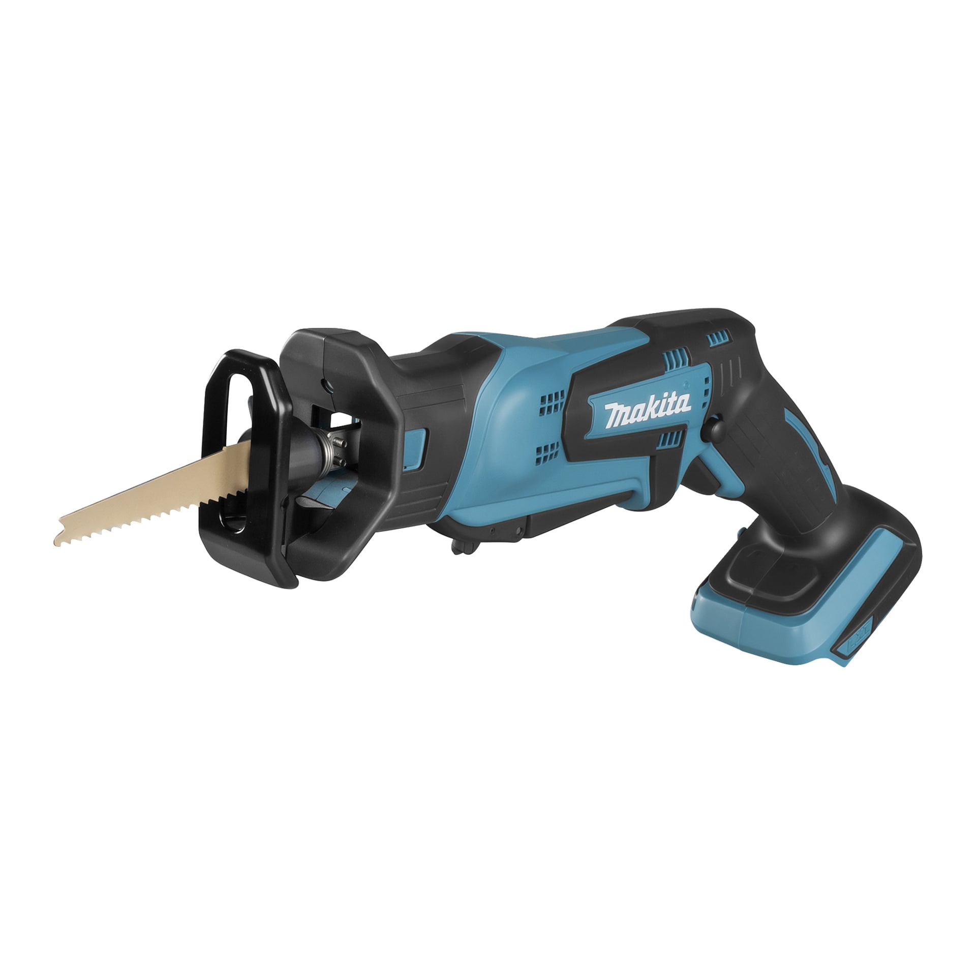 En blå och svart Makita sladdlös reciprocat-såg avbildad i vinkel, sågblad fastsatt, batterifacket tomt.