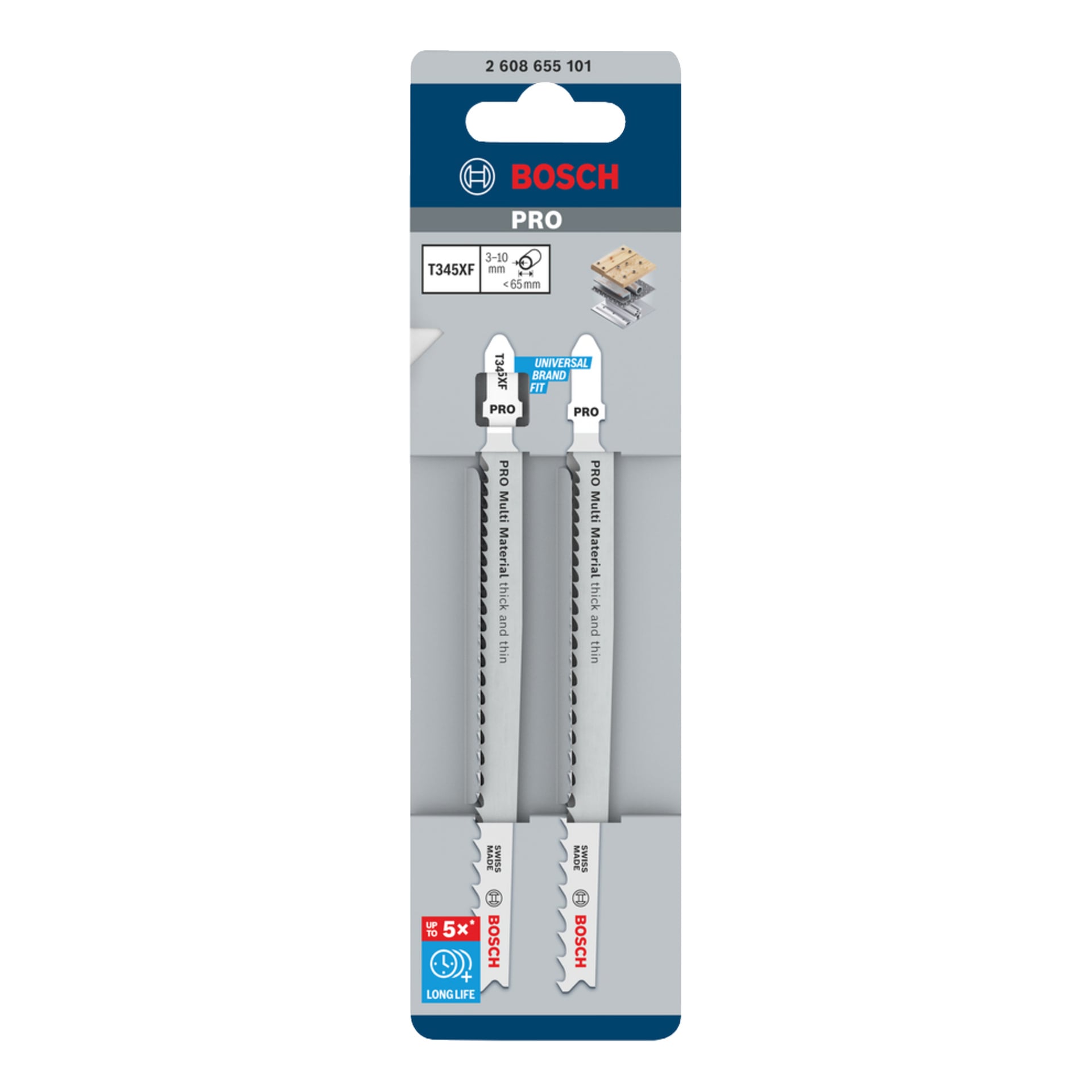 Detaljhandelsförpackningar innehåller två Bosch PRO-sticksågsblad för användning i flera material, med produktinformation, passformsikoner och långlivssymbol.