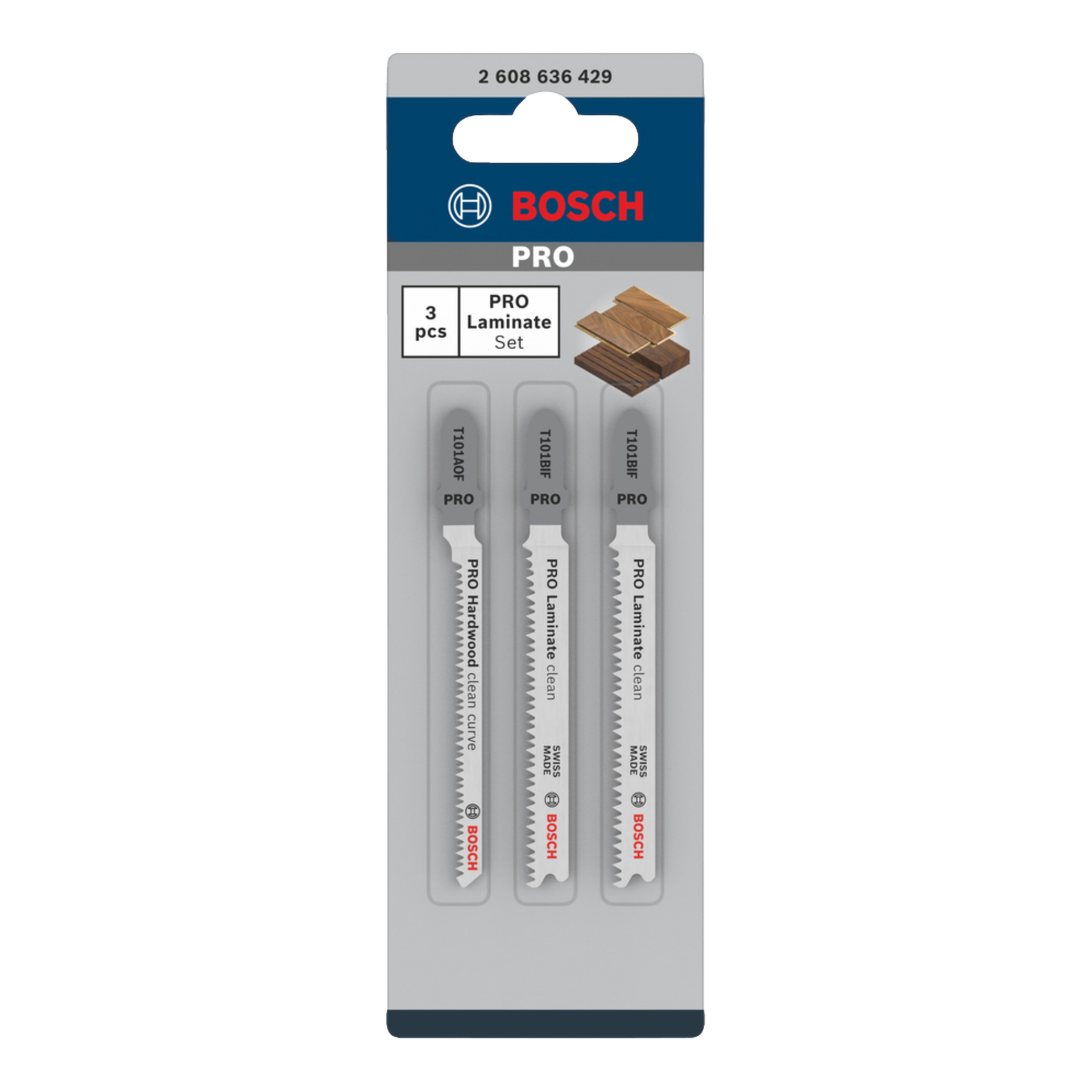 Bosch PRO Laminate Set med tre sticksågsblad i ett plastkartongpaket, märkt för laminat och hårdträ, bladen visade vertikalt.