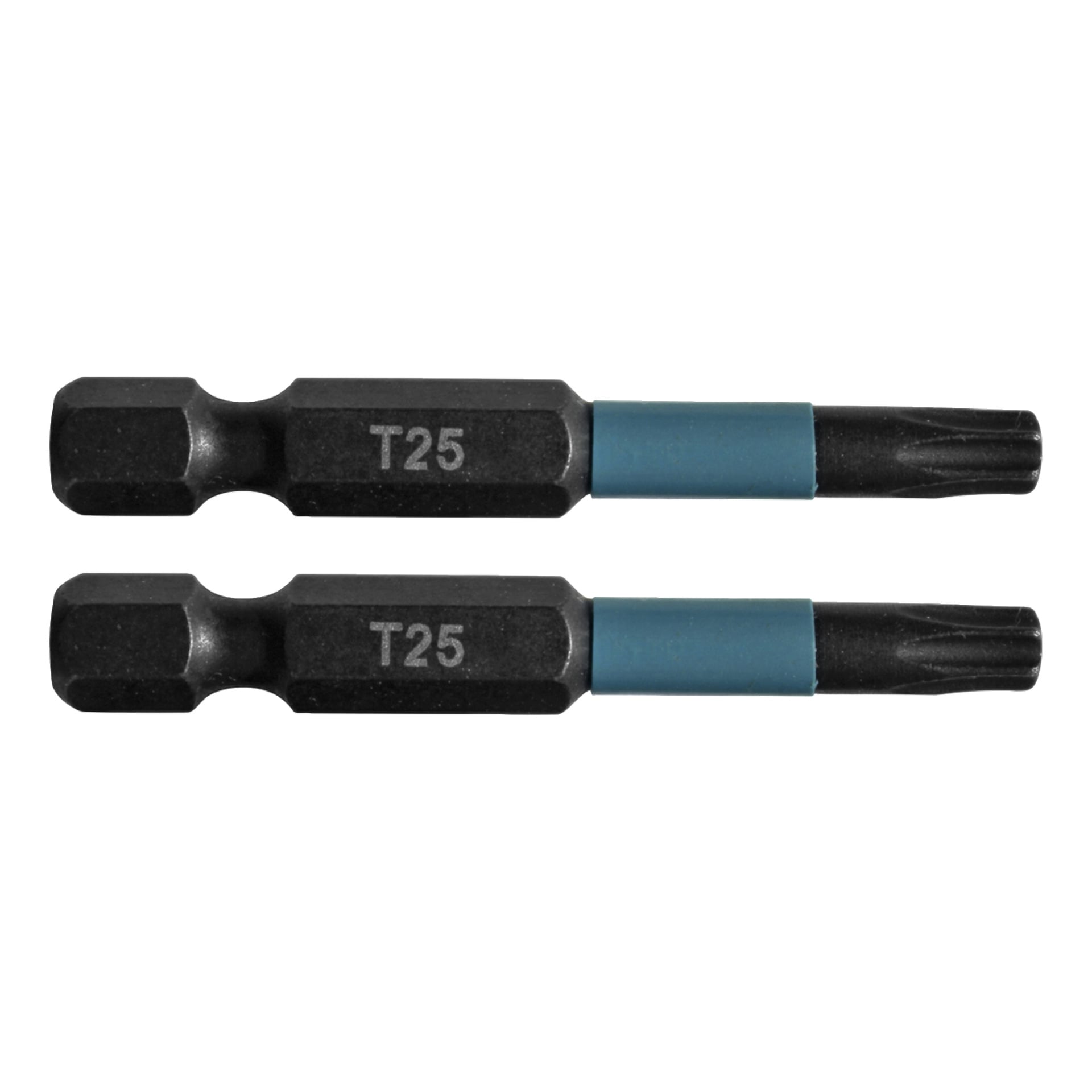 Ein Paar identischer T25 Torx-Schraubenzieherbits mit sechseckigen Strähnen und blauen Bändern nahe den Spitzen, nebeneinander angeordnet.