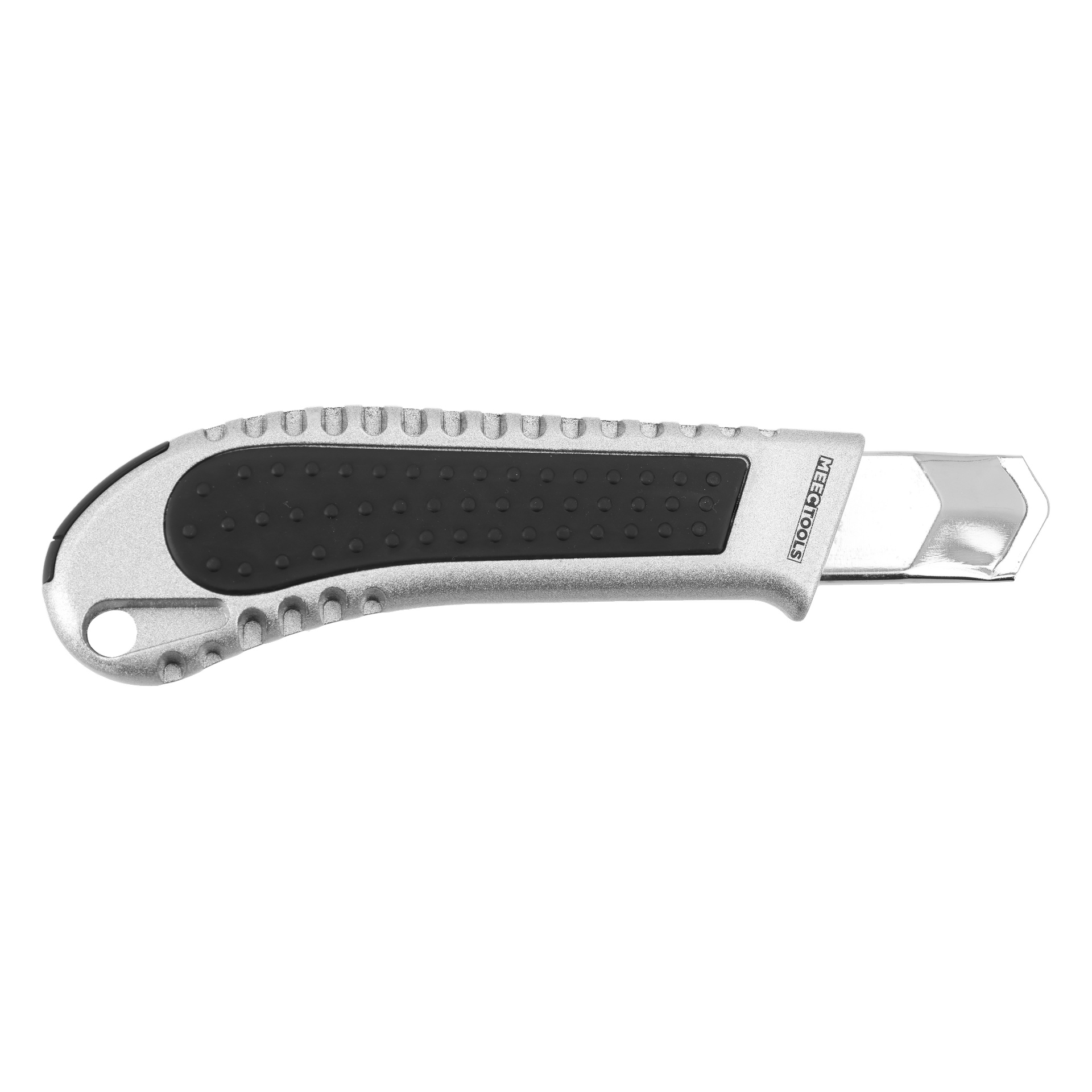 Utility knife, jossa on hopeinen runko, musta kahva, osittain ojennettu terä ja reikä kahvan päässä. Meeptoolsin logo näkyvissä.