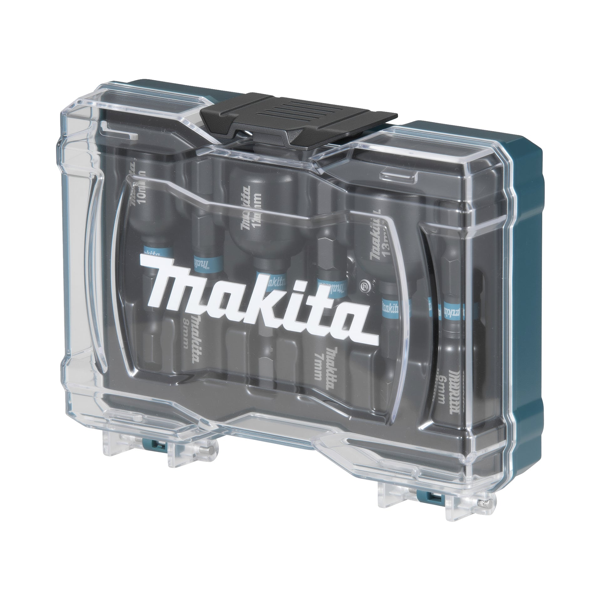Ett genomskinligt plastfodral med svart lås rymmer flera Makita-skruvmejselbitar och hylsor, Makita-logotypen tydligt synt på framsidan.
