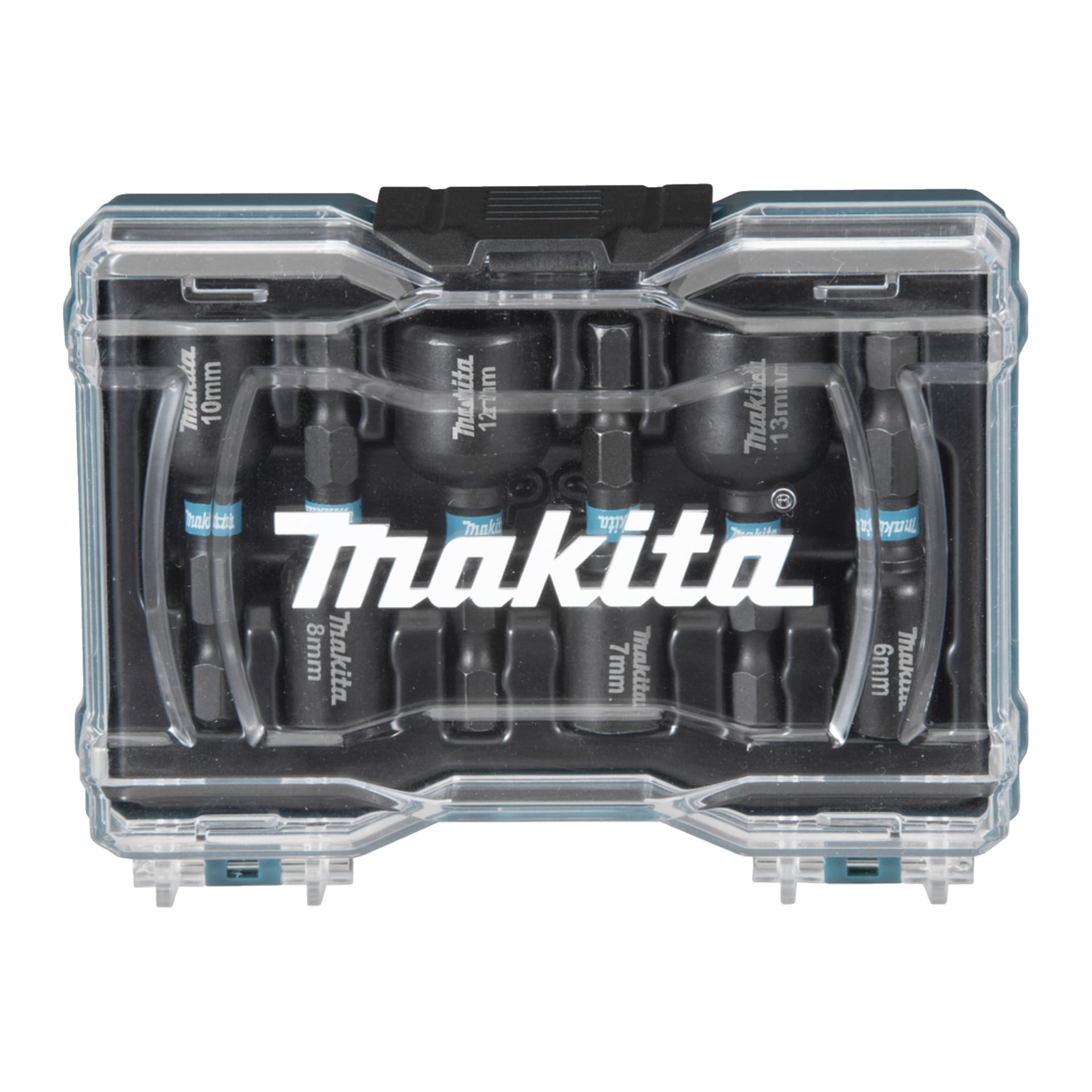 Ett transparent fodral visar Makita-socklar eller bitar i spår, med Makita-logotypen på locket och storlekarna 6–14 mm synliga.