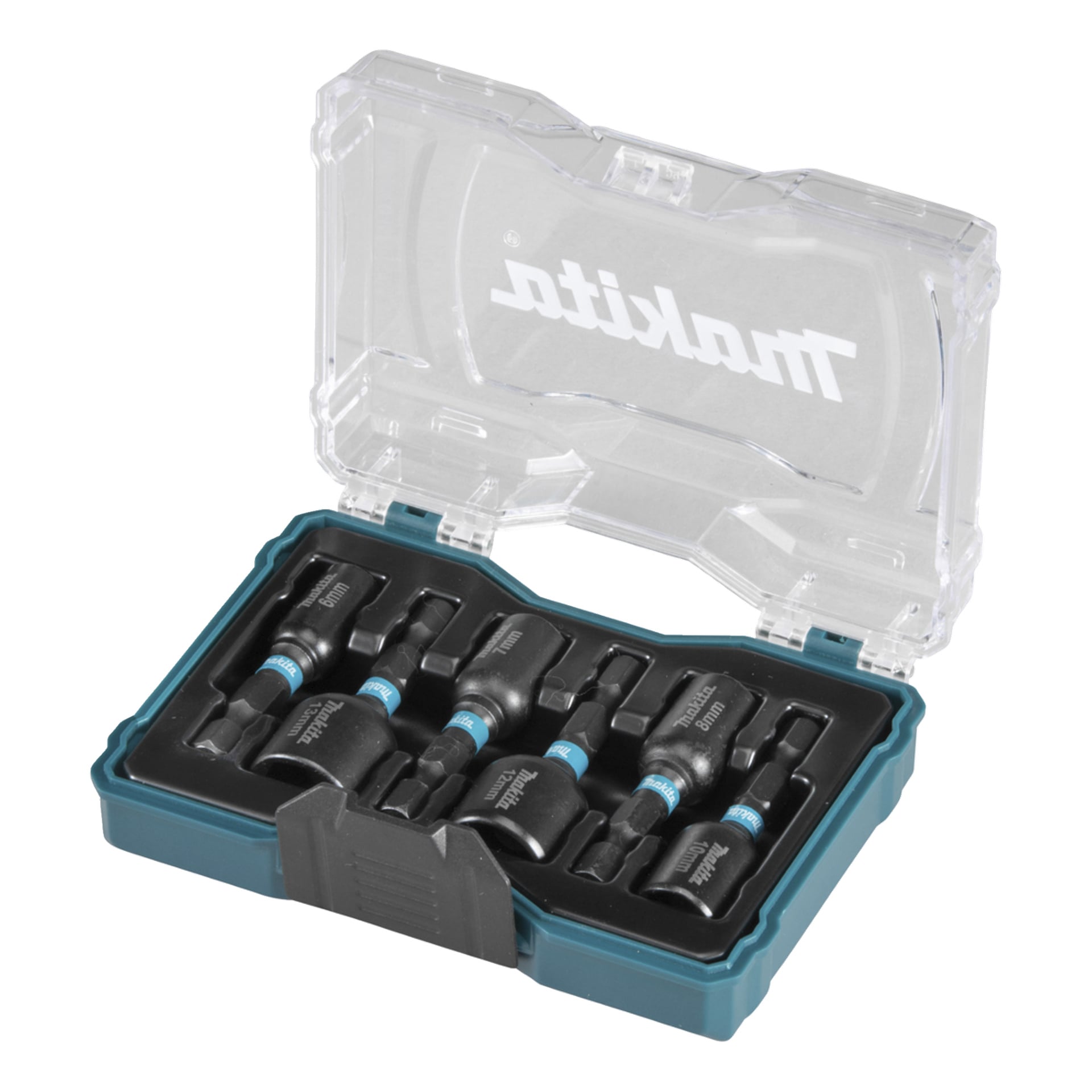 Sex svarta Makita-slagdrivarhylsor är prydligt arrangerade i ett blått och svart fodral med ett genomskinligt lock med Makita-logotypen.