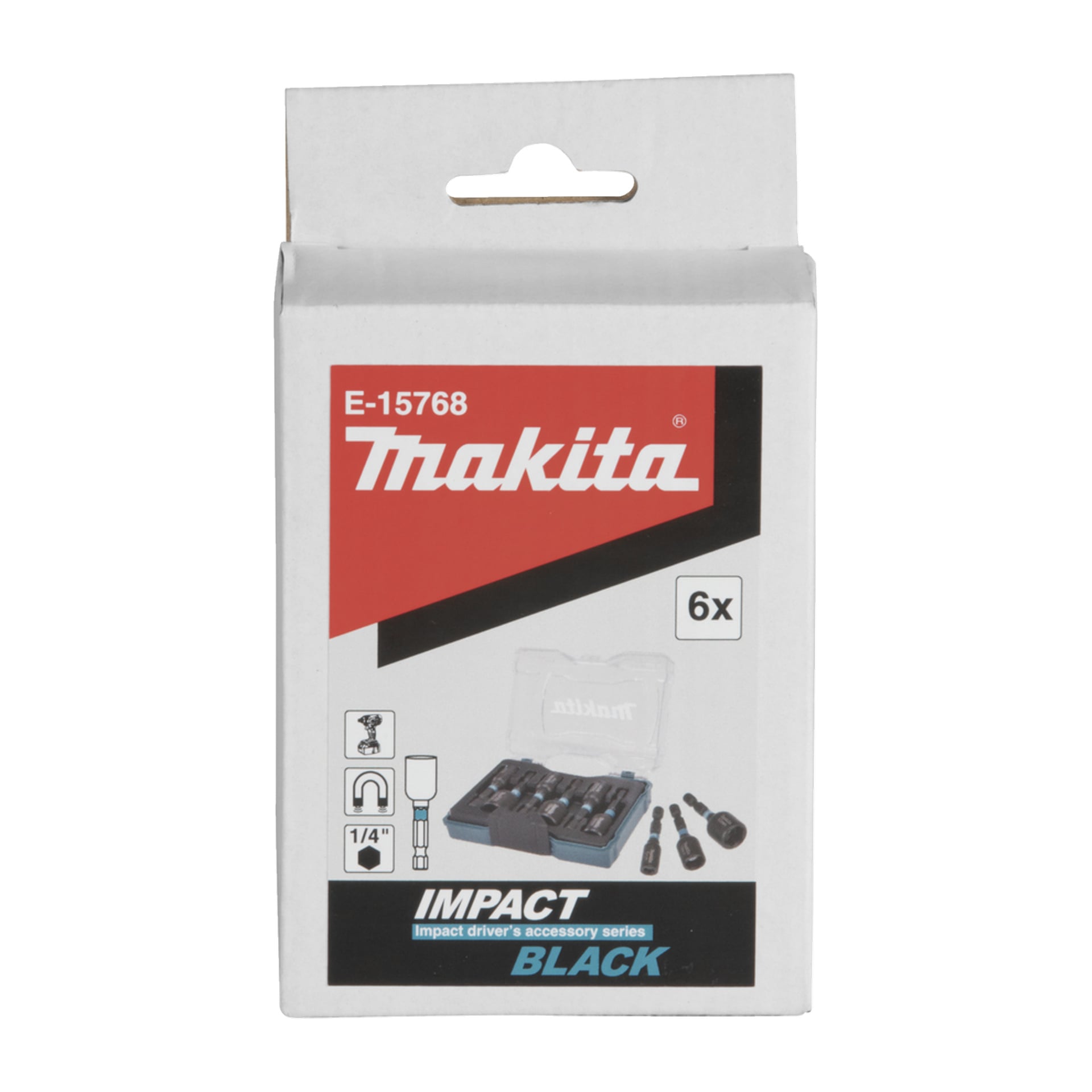 Makita Impact Black tillbehörsserielåda, modell E-15768, rymmer 6 delar; innehåller bilder, ikoner och varumärken i rött, svart, blått.