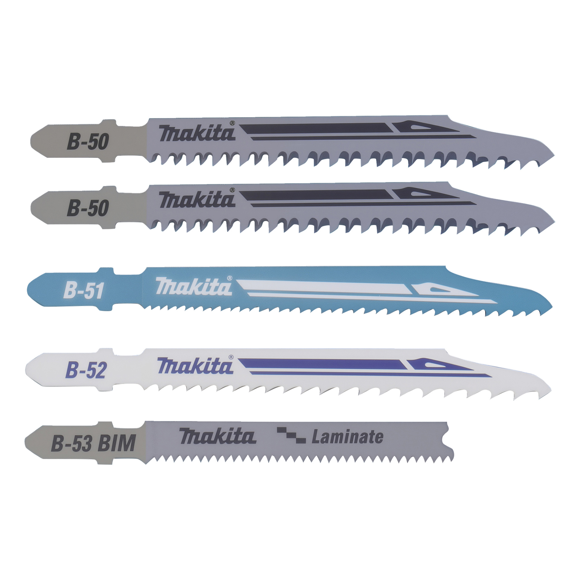 Fem Makita-stikksagblader—B-50, B-51, B-52, B-53 BIM Laminate og en annen B-50—er lagt ut på rad med varierte tenner og farger.