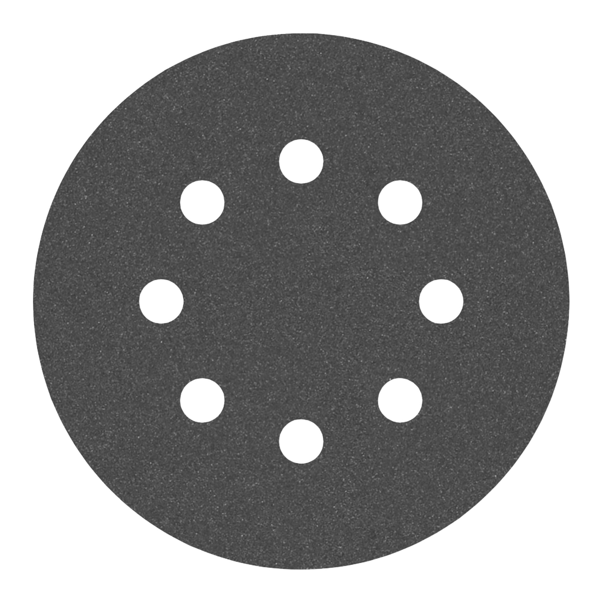 Eine runde schwarze Sandpapier-Scheibe mit acht Löchern, die gleichmäßig in einem Kreis nahe der Mitte verteilt sind.