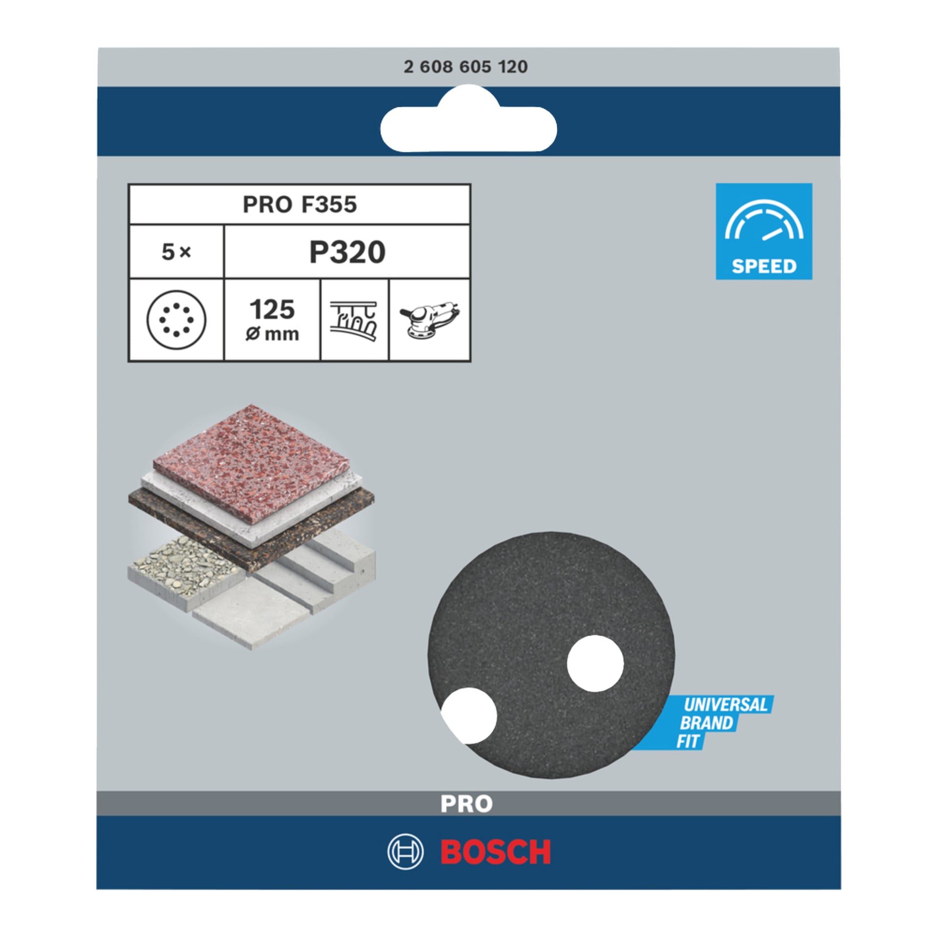 Bosch Pro F355 P320 Schleifscheibenpaket mit 125 mm Scheibe, drei Löchern, Symbolen für kompatible Materialien und Details in Weiß, Blau, Grau.