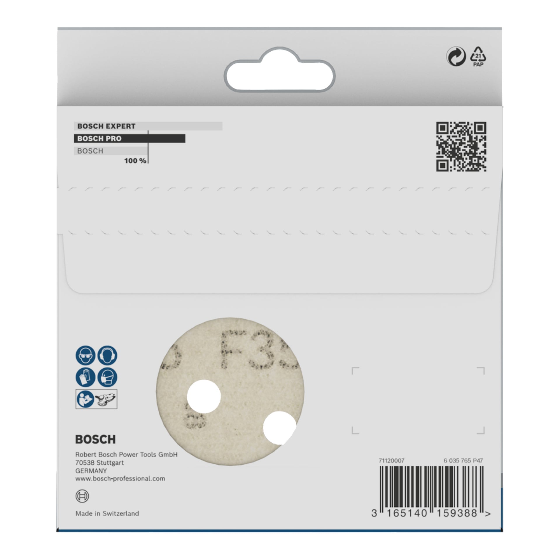 Bosch Schleifscheiben in der Verpackung mit Produktcodes, Branding, einem QR-Code und Barcodes. Die Scheibe hat Löcher und ein Bosch-Logo.