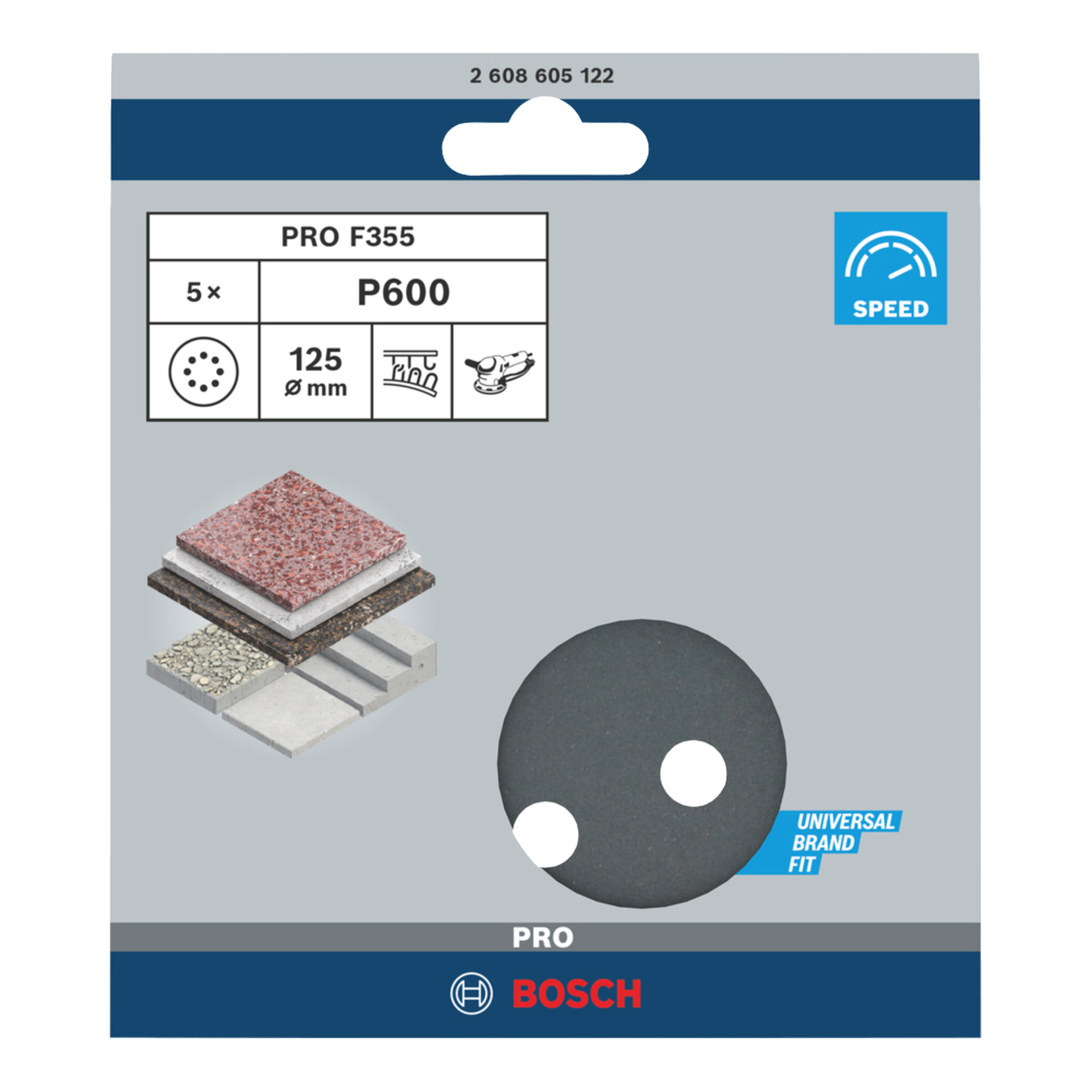 Bosch PRO F355 P600 Sandpapierpackung mit 5 Stücken, 125 mm Größe, Materialsymbolen und einem Muster mit zwei runden Löchern.